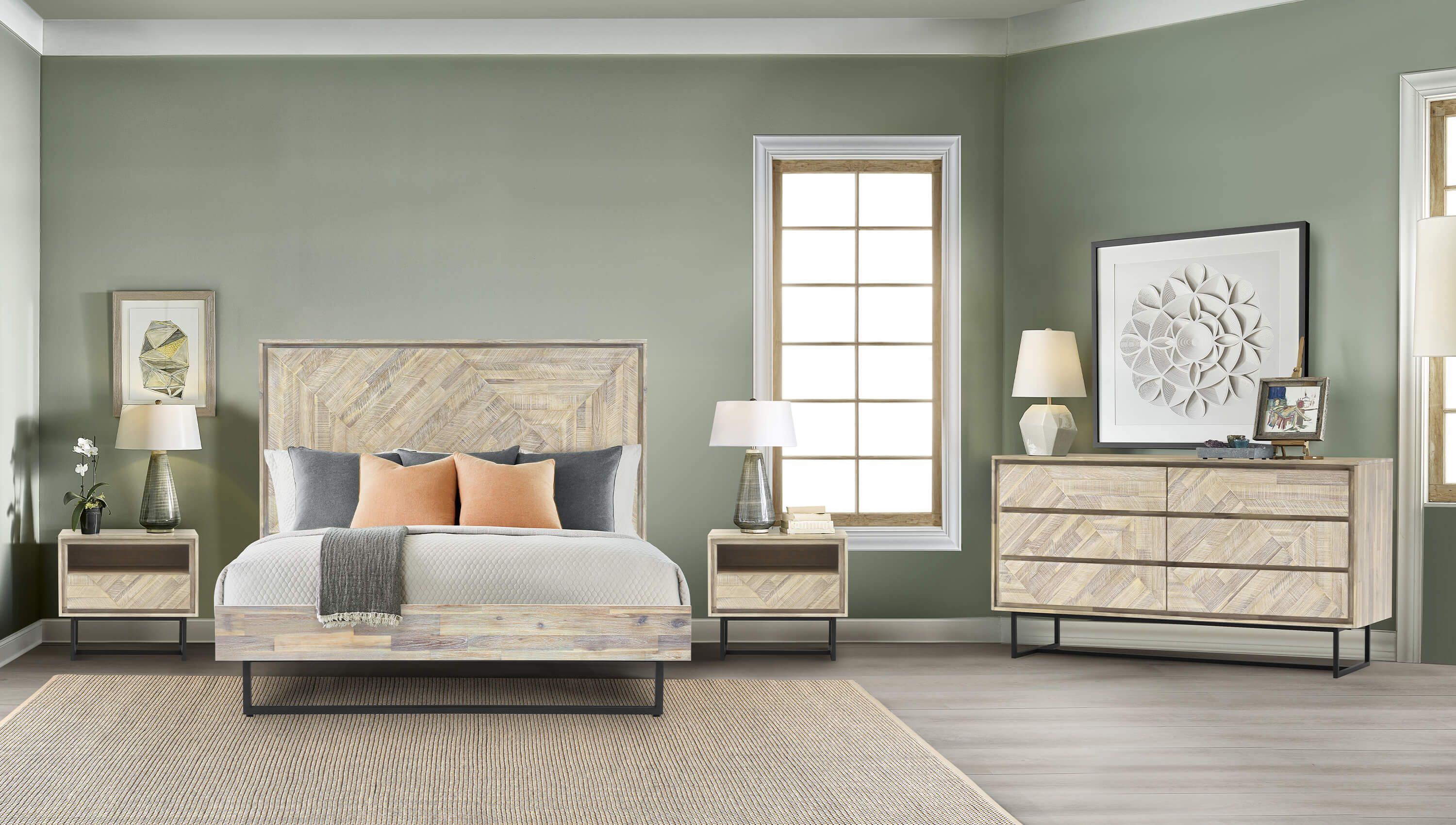 Peridot 4 Piece King Bedroom Set in Natural Acacia Wood By Armen Living