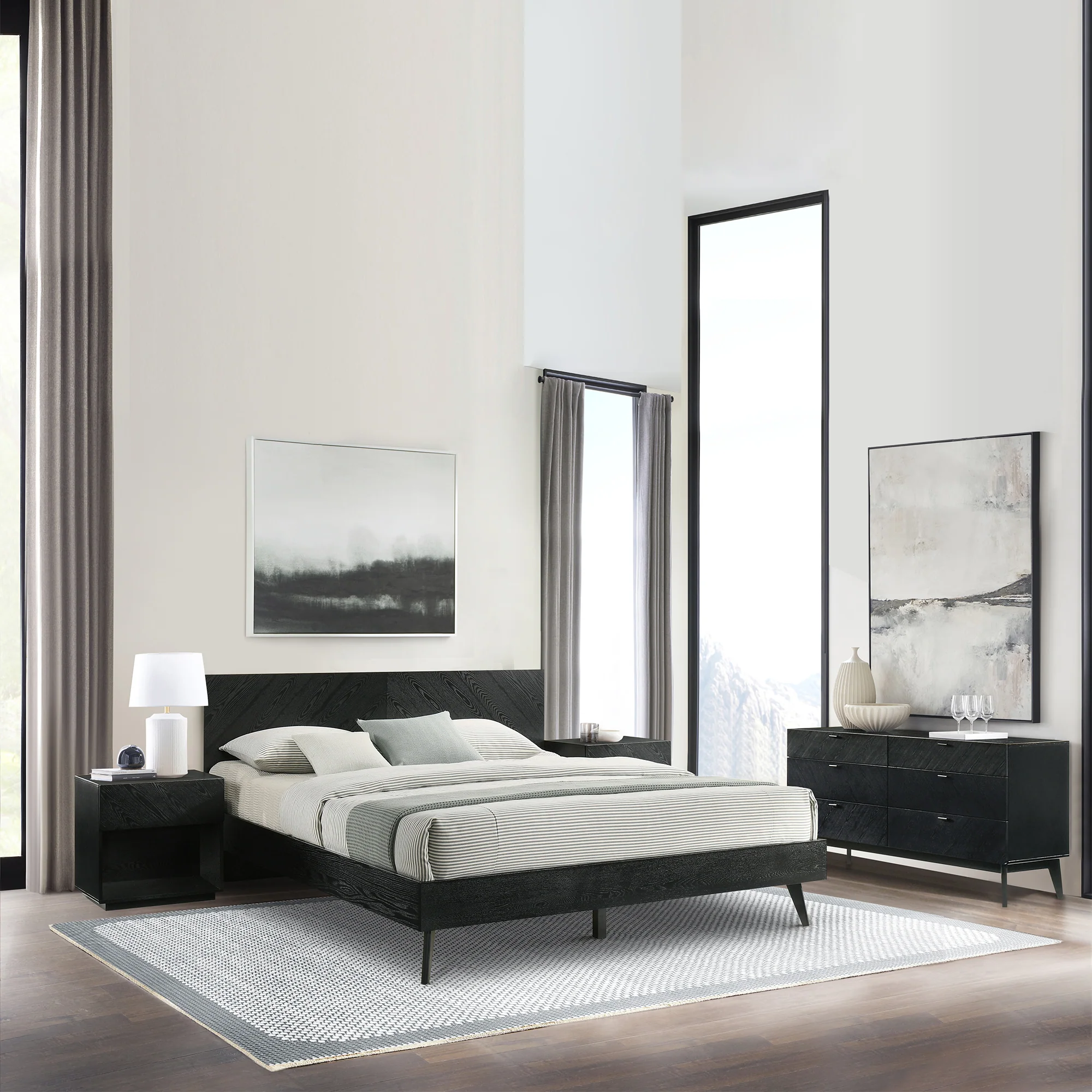 Petra King 4 Piece Wood Bedroom Set in Black Finish By Armen Living