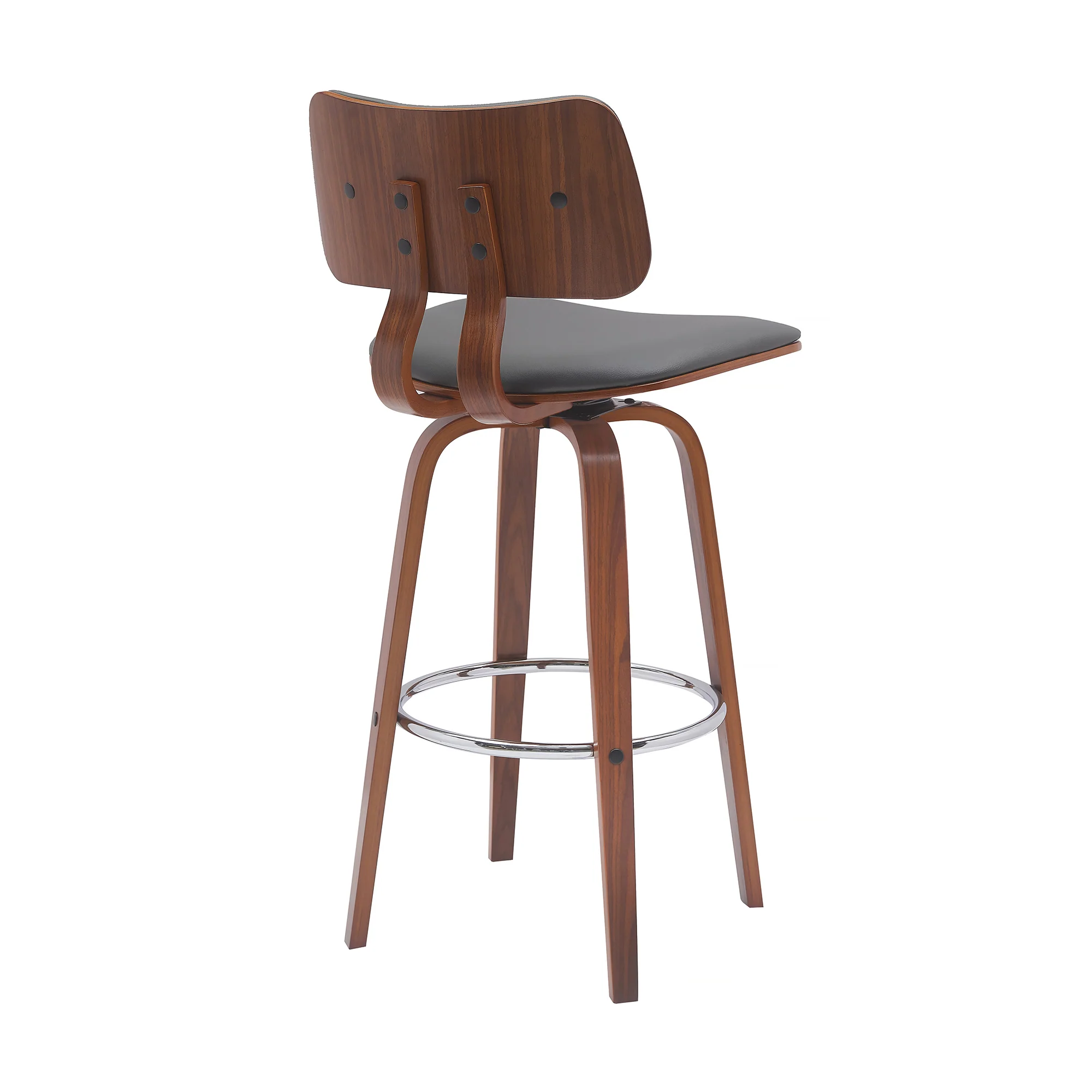 Pico 30" Swivel Walnut Wood Bar Stool in Gray Faux Leather with Chrome By Armen Living - Image 4