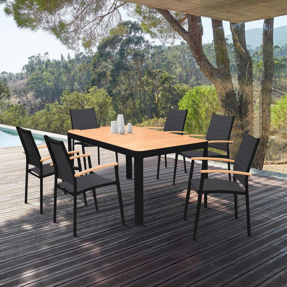 Portals Outdoor 7 Piece Black Aluminum & Teak Wood Dining Set By Armen Living
