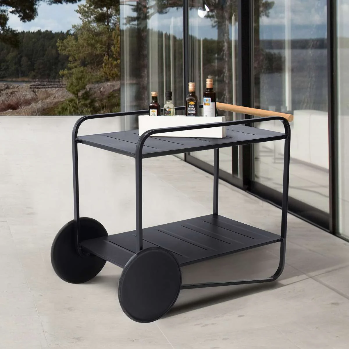 Portals Outdoor Accent Cart in Black Finish and Natural Teak Wood Accent By Armen Living