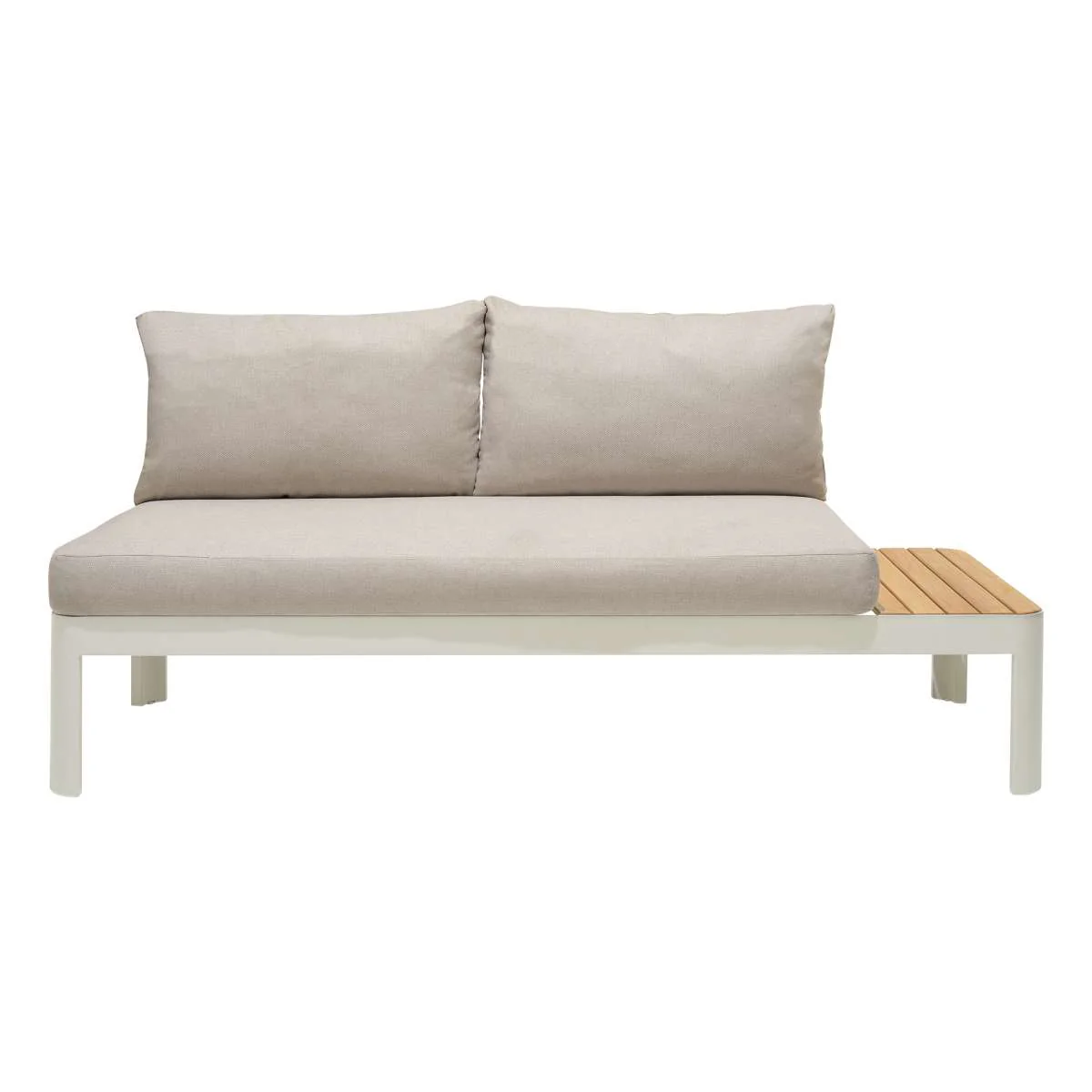 Portals Outdoor Sofa in Light Matte Sand Finish with Natural Teak Wood and Beige Cushions By Armen Living - Image 2