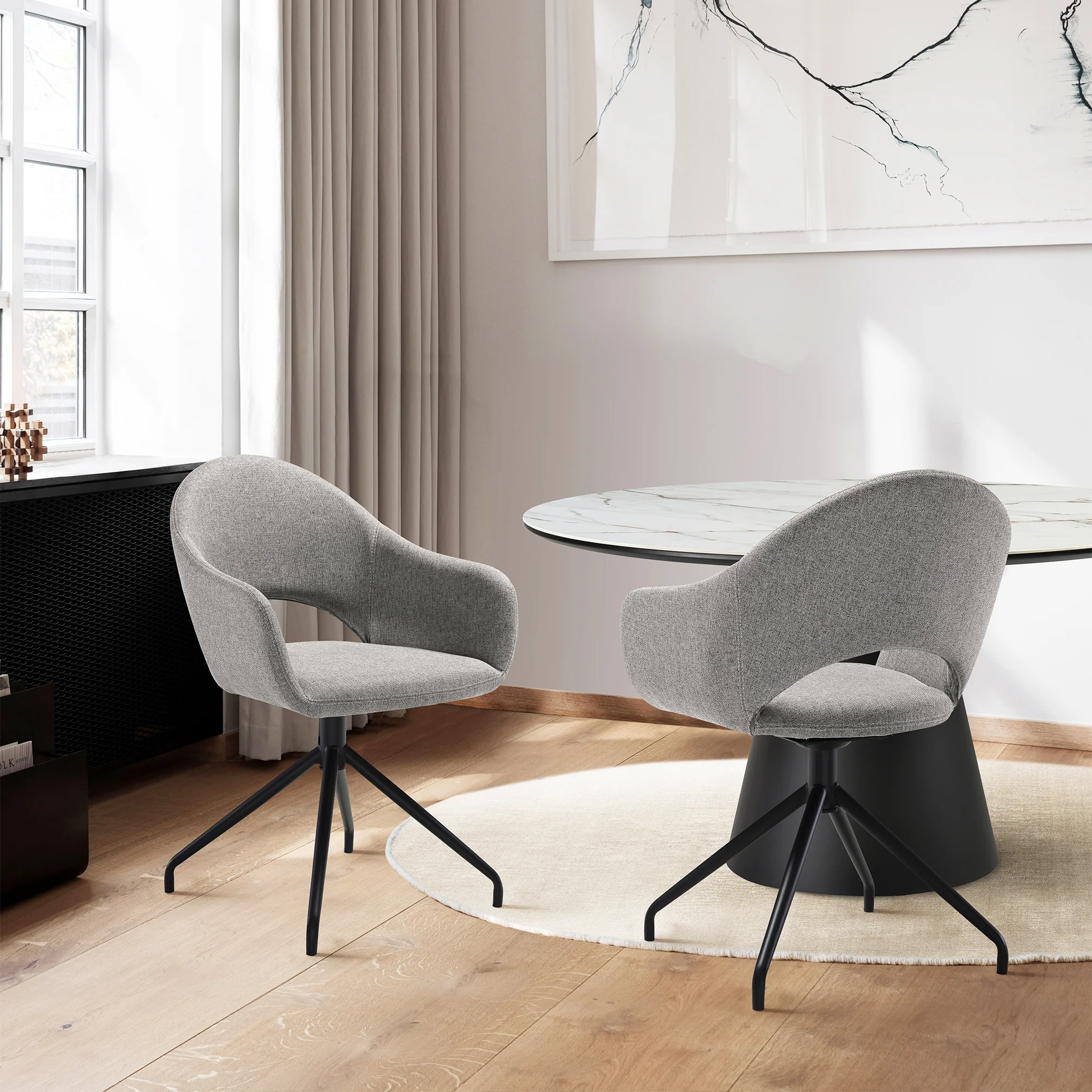 Pria Swivel Upholstered Dining Chair in Gray Fabric with Black Metal Legs - Set of 2 By Armen Living