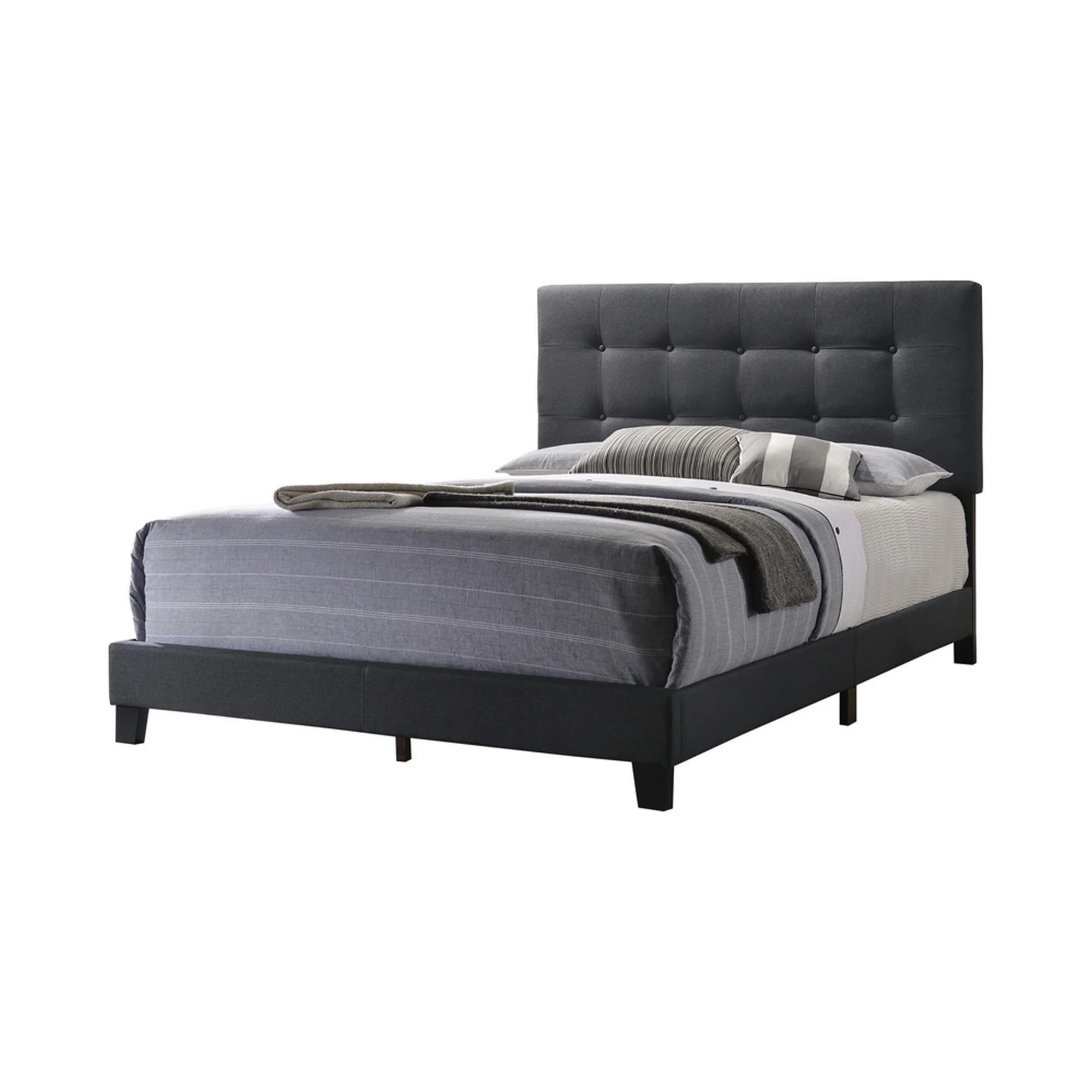 Queen Size Bed With Square Button Tufted Headboard, Dark Gray By Benzara