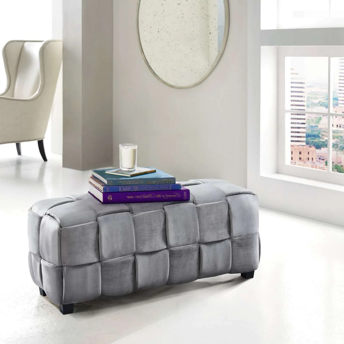 Raven Contemporary Long Ottoman in Gray Velvet By Armen Living