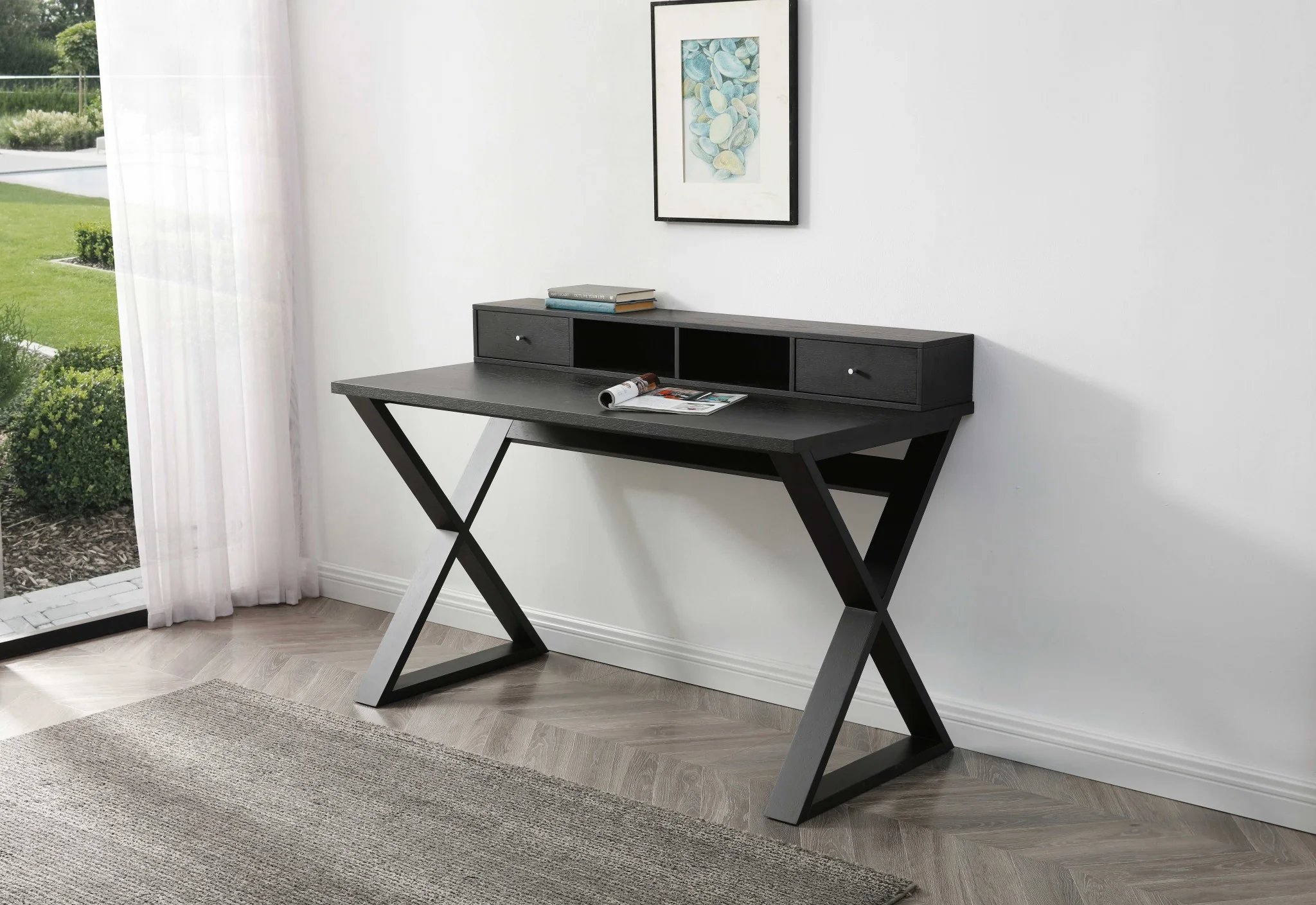 Rectangular Black Veneer Desk with 2 Small Drawers By Homeroots