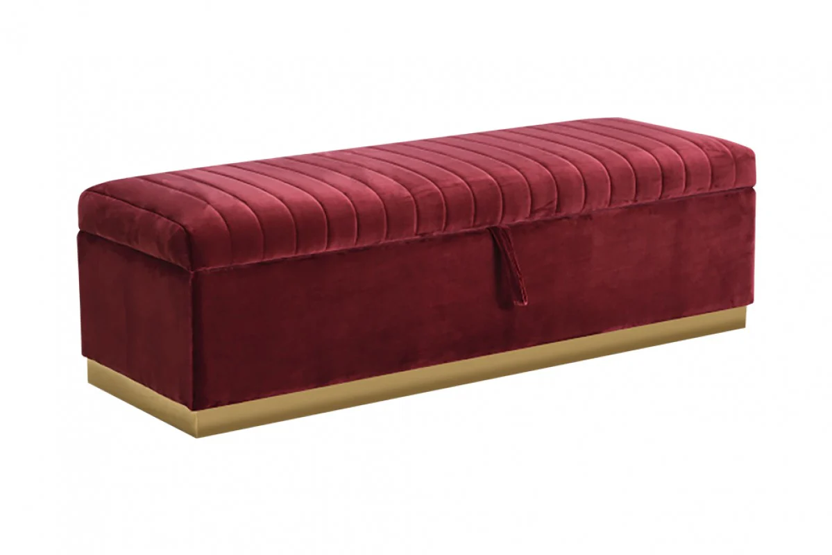 Rectangular Modern Red Velvet Storage Bench with Gold Metal By Homeroots