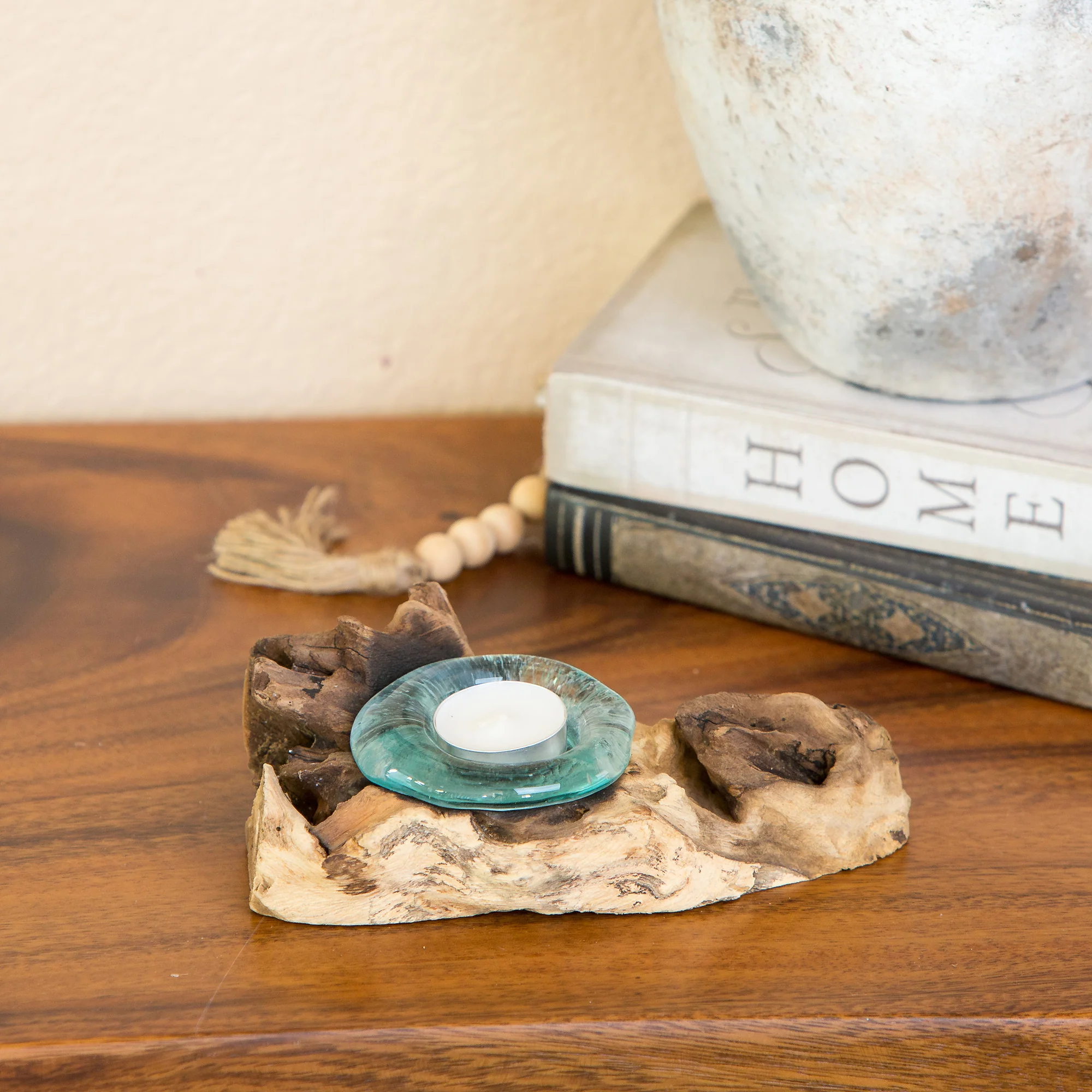 Recycled Glass Candle Holder with Coffee Tree Root - Single Set of 4 By Garden Age Supply