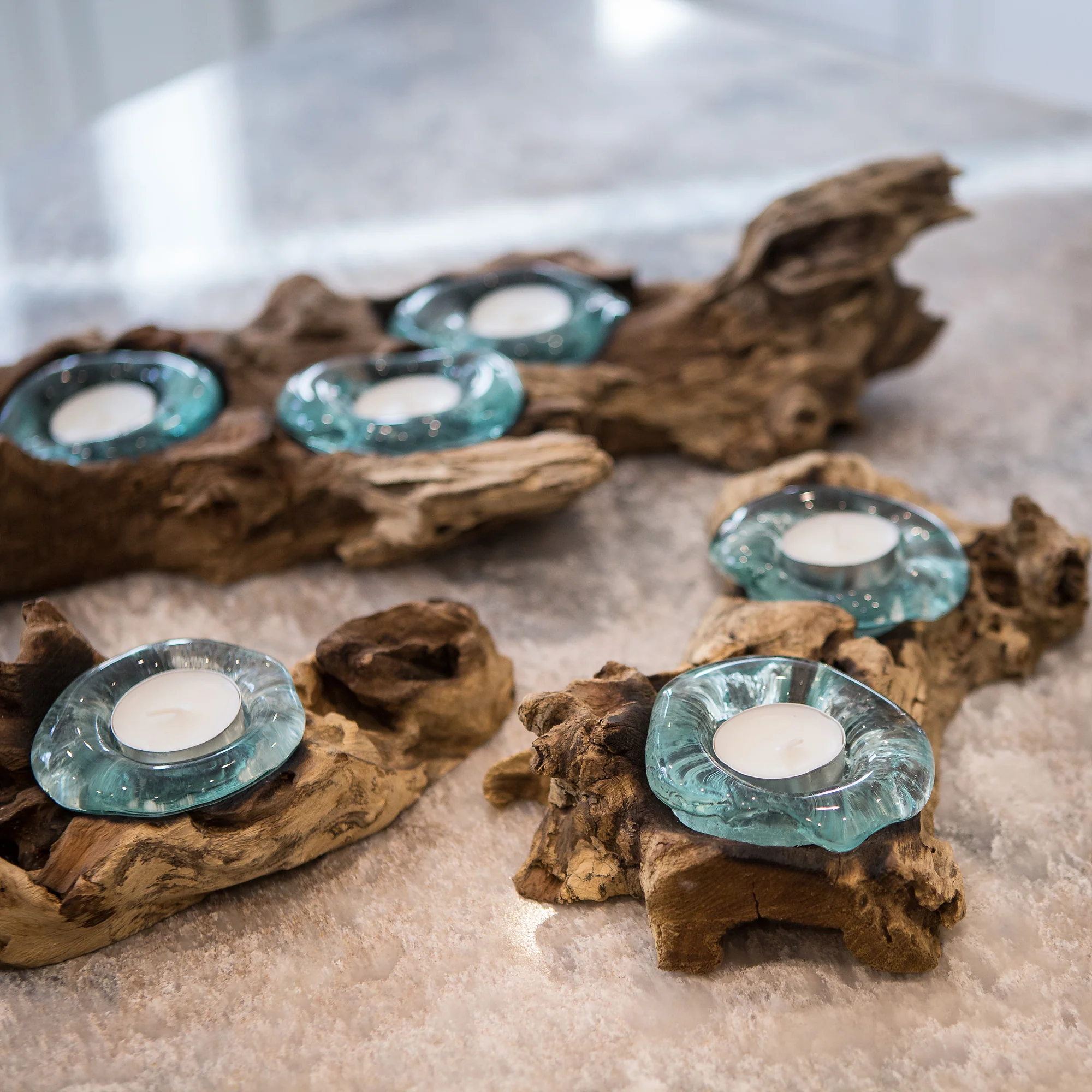 Recycled Glass Candle Holder with Coffee Tree Root - Single Set of 4 By Garden Age Supply - Image 3