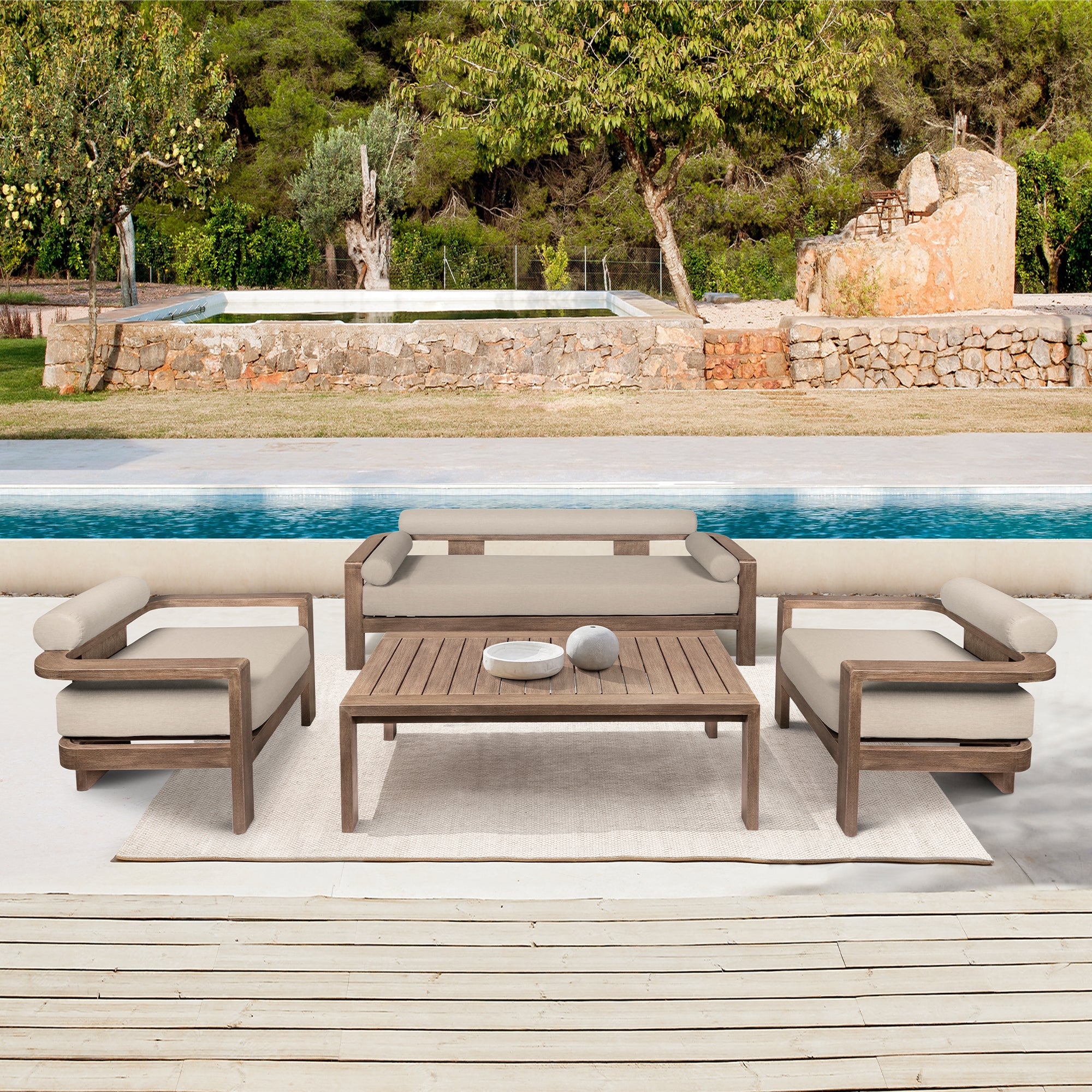 Relic Outdoor Patio 4 Piece Conversation Set in Weathered Eucalyptus Wood with Taupe Olefin Cushions By Armen Living