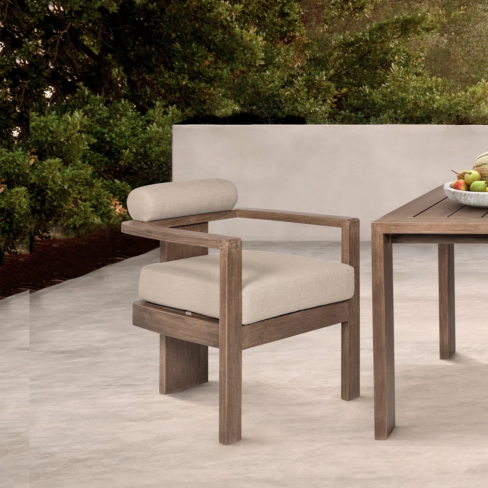 Relic Outdoor Patio Dining Chair in Weathered Eucalyptus Wood with Taupe Olefin Cushions By Armen Living