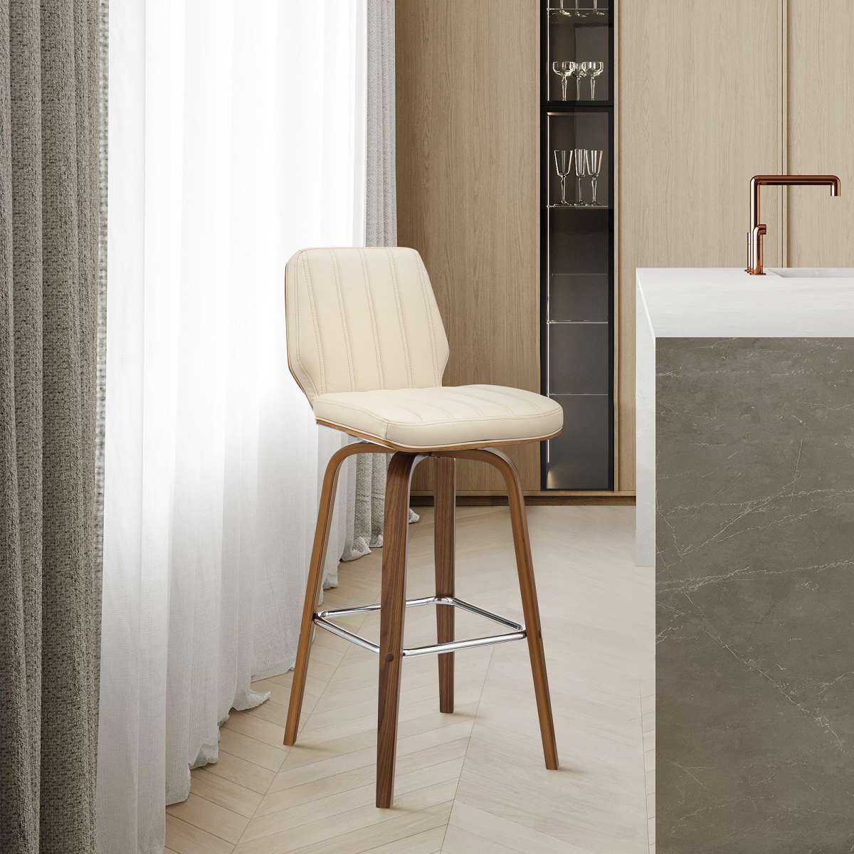Renee 26" Swivel Cream Faux Leather and Walnut Wood Bar Stool By Armen Living