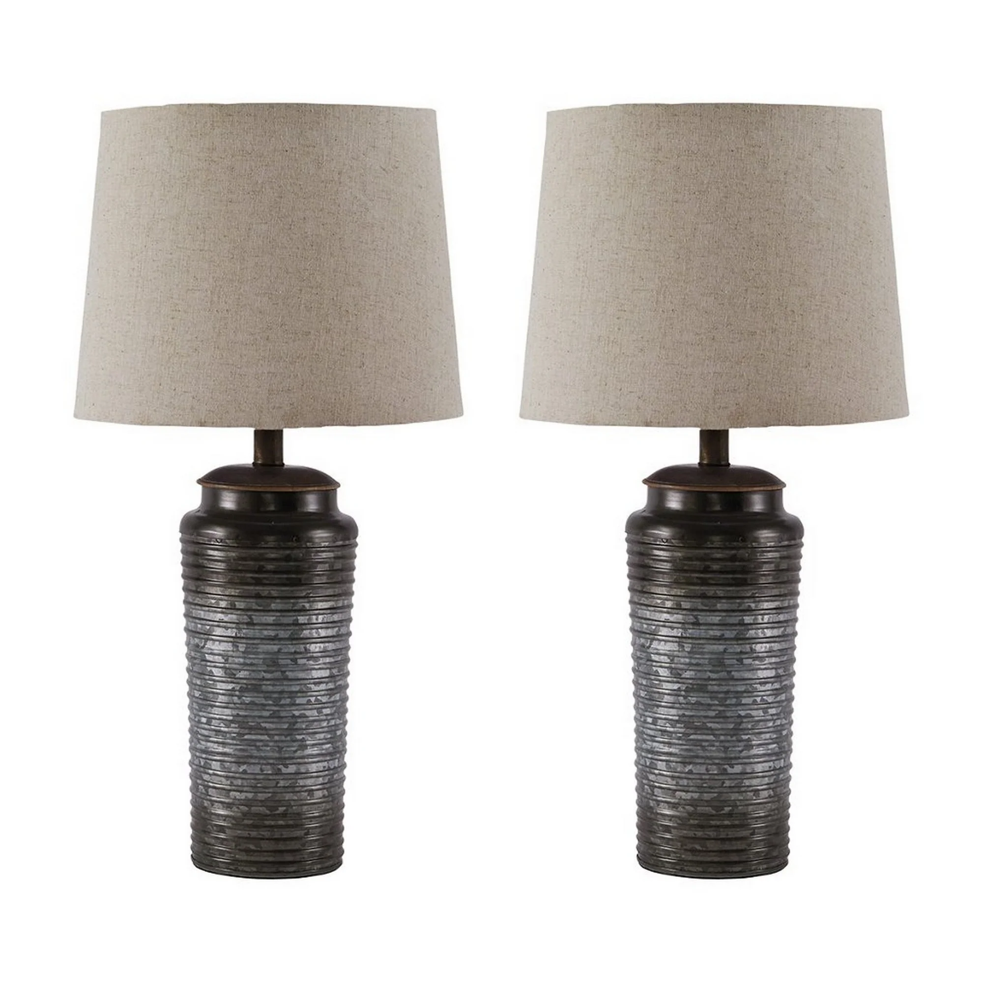 Ribbed Design Metal Body Table Lamp With Tapered Fabric Shade Set Of 2 Gray By Benzara