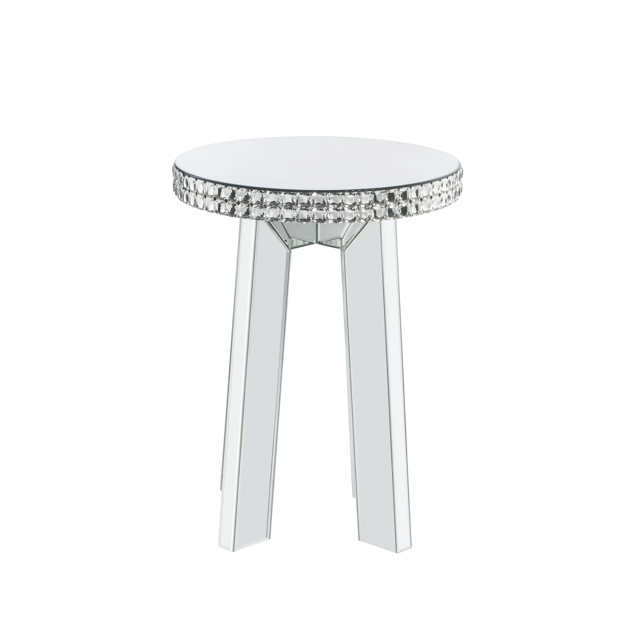 Round Mirror Panel Inlay End Table With Faux Crystals Accents, Silver By Benzara