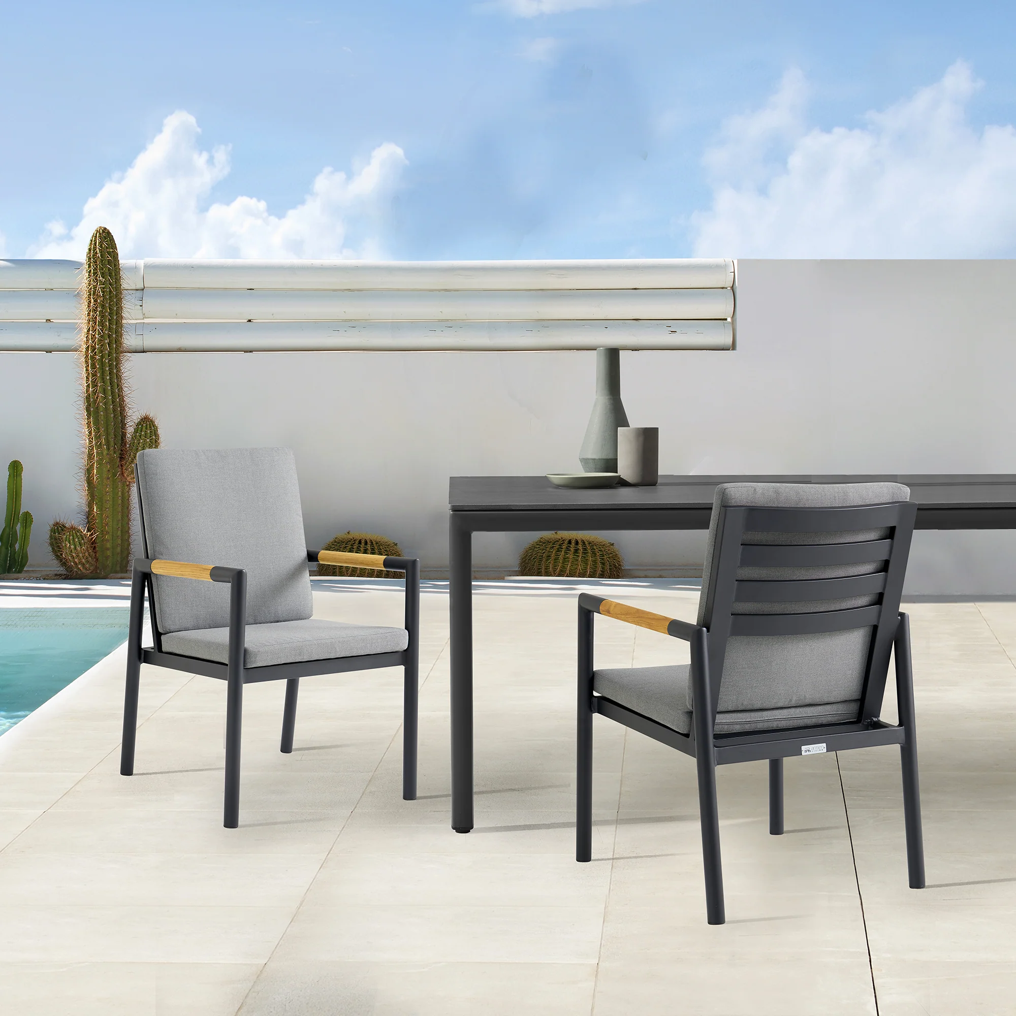 Royal Black Aluminum and Teak Outdoor Dining Chair with Dark Gray Fabric - Set of 2 By Armen Living