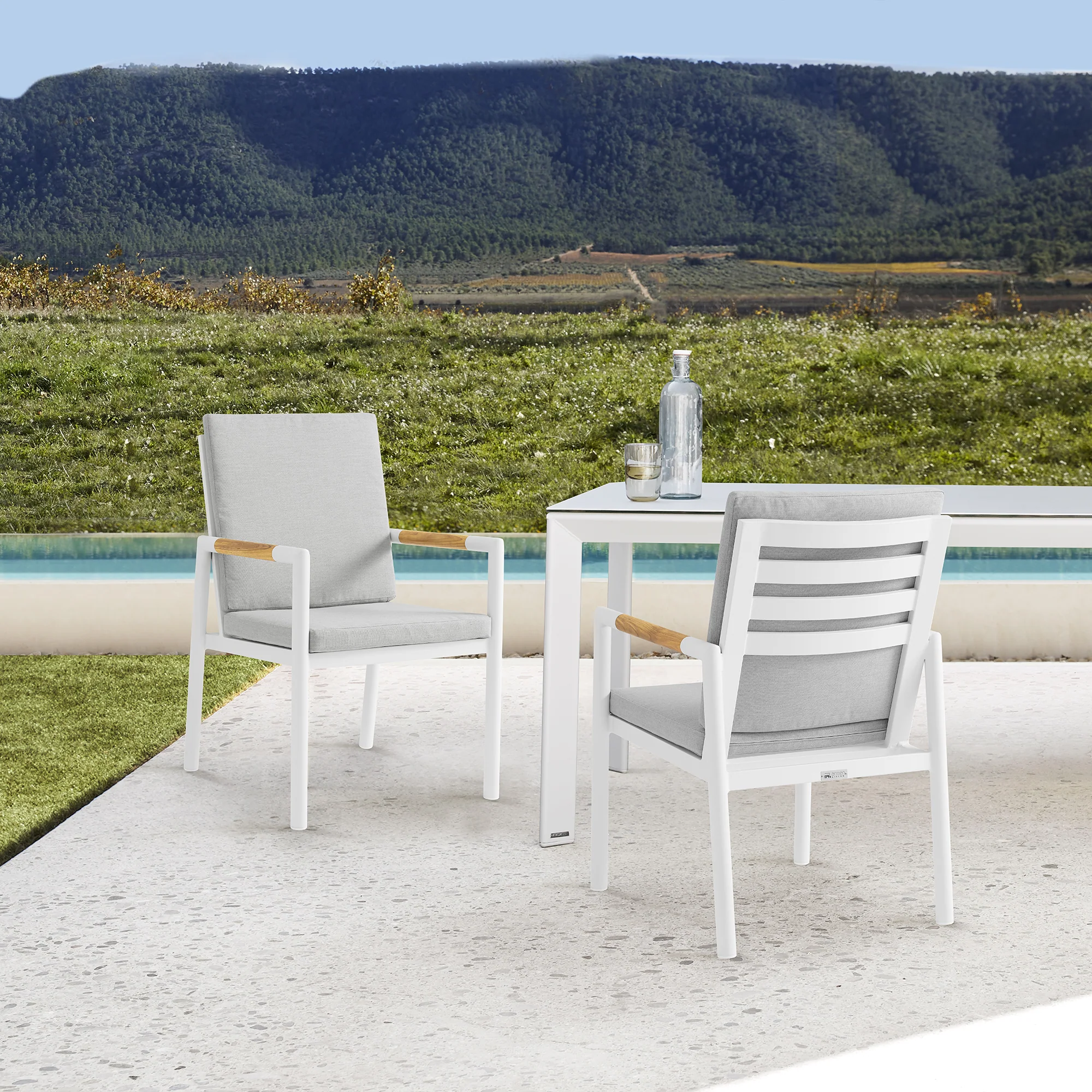 Royal White Aluminum and Teak Outdoor Dining Chair with Light Gray Fabric - Set of 2 By Armen Living