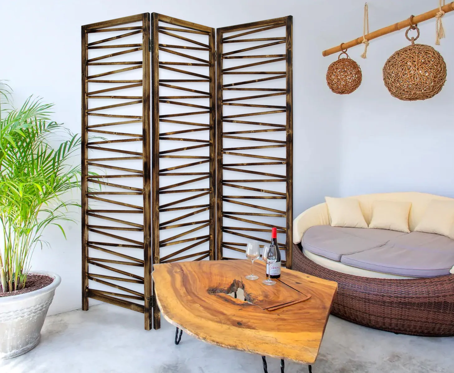 Rustic Geo Design Wood Three Panel Room Divider Screen By Homeroots