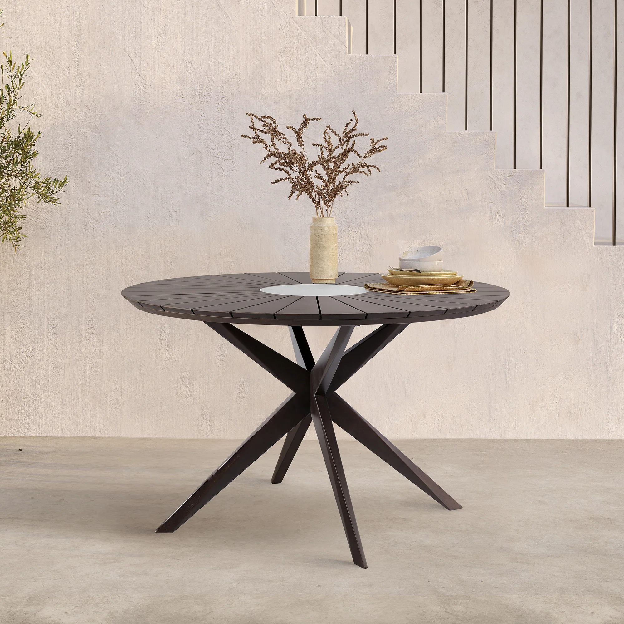 Sachi Outdoor Dark Eucalyptus Wood and Concrete Round Dining Table By Armen Living
