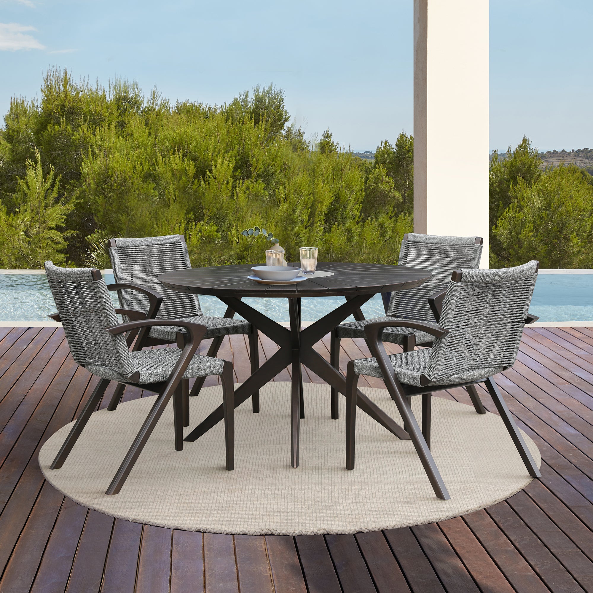 Sachi Outdoor Dark Eucalyptus Wood and Concrete Round Dining Table By Armen Living - Image 3