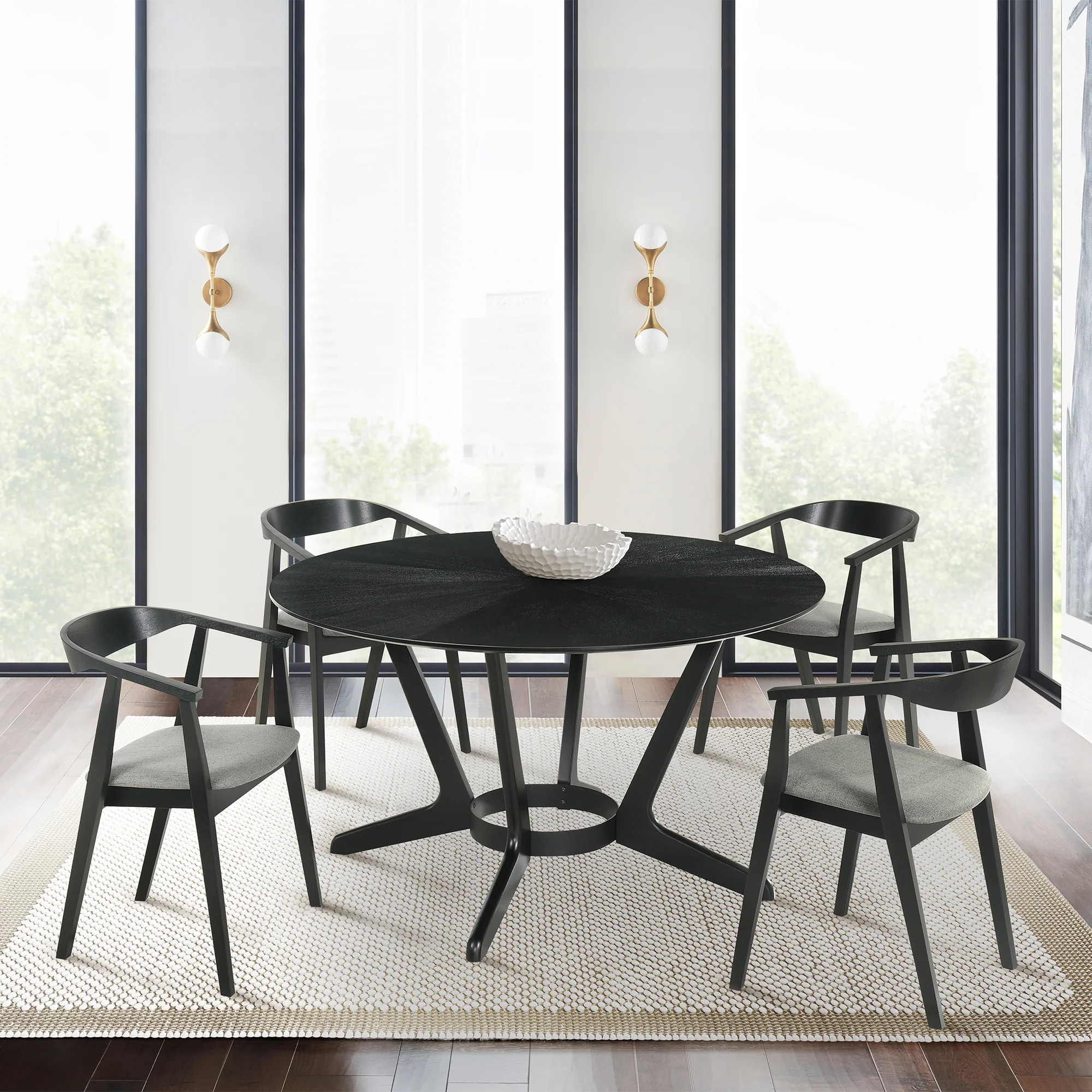 Santana 5 Piece Round Black Wood Dining Table Set with Charcoal Fabric By Armen Living