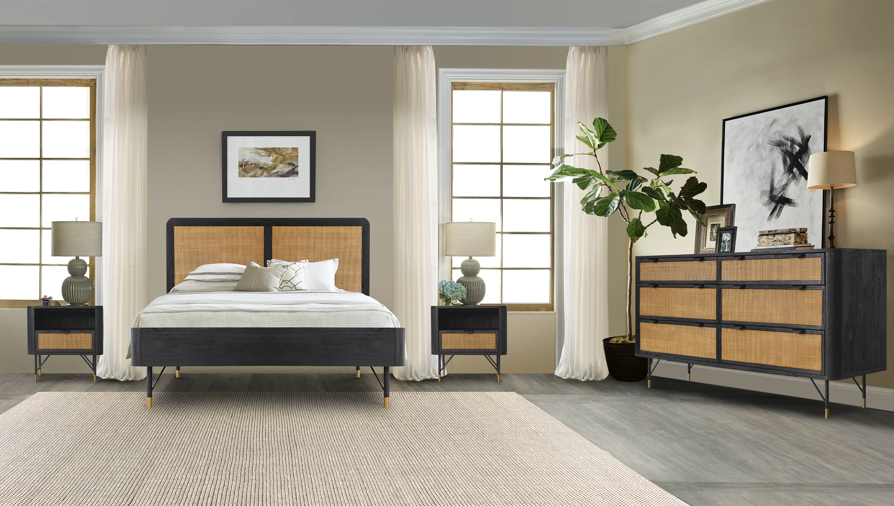 Saratoga 4 Piece Queen Bedroom Set in Black Acacia Wood and Rattan By Armen Living