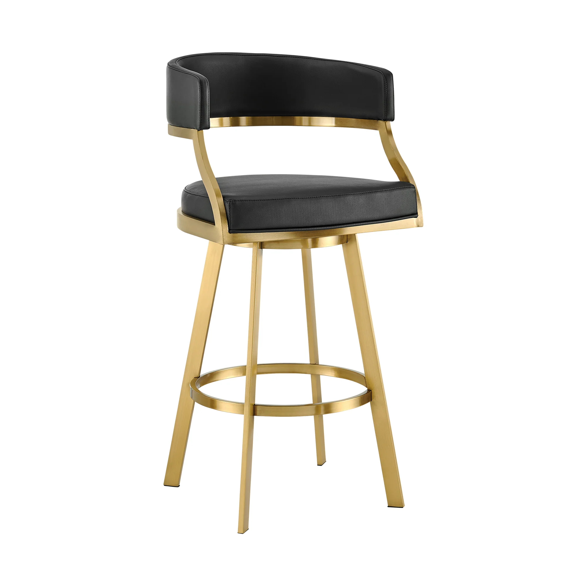 Saturn 26" Swivel Counter Stool with Gold Brushed Stainless Steel and Black Faux Leather By Armen Living - Image 2