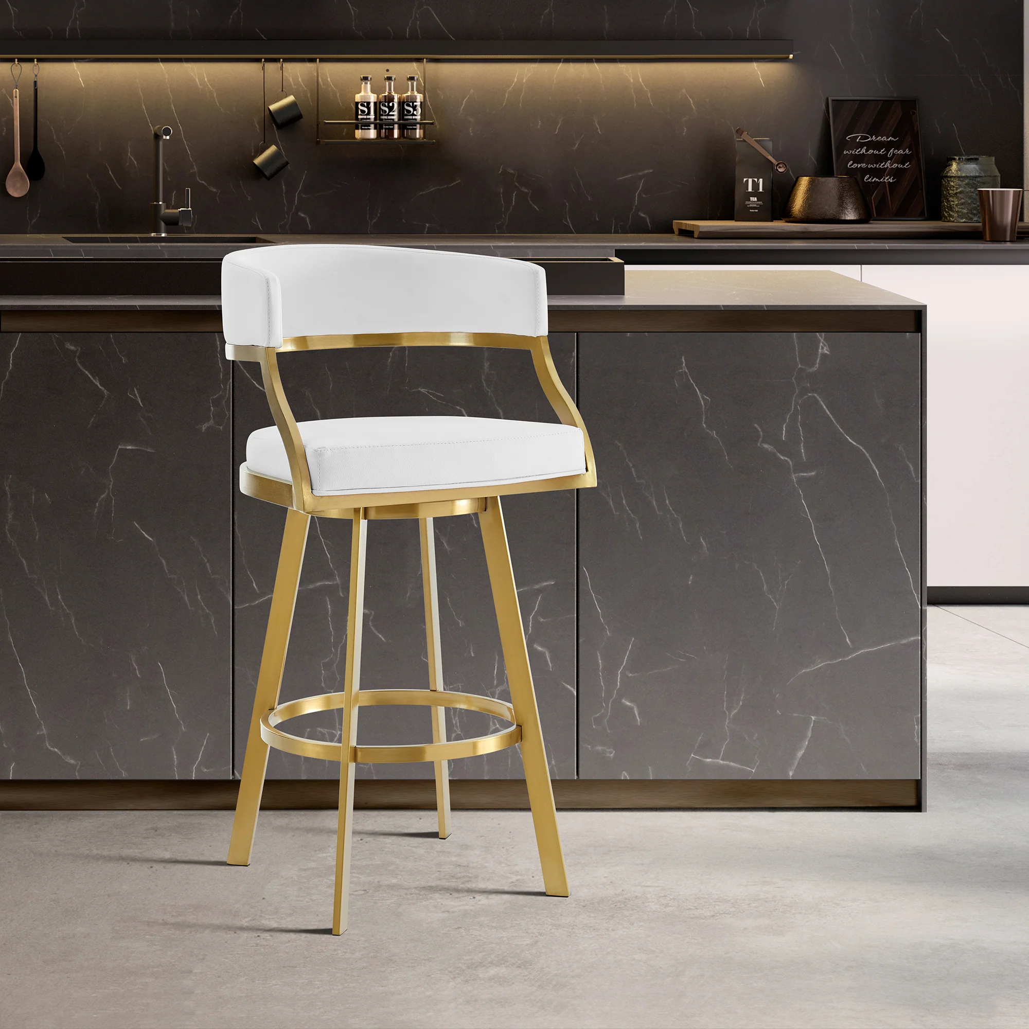 Saturn 26" Swivel Counter Stool with Gold Brushed Stainless Steel and White Faux Leather By Armen Living