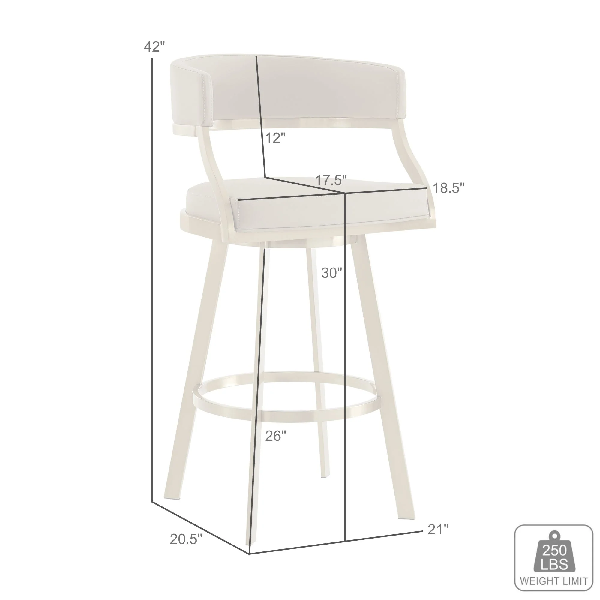 Saturn 30" Swivel Bar Stool with Gold Brushed Stainless Steel and White Faux Leather By Armen Living - Image 9