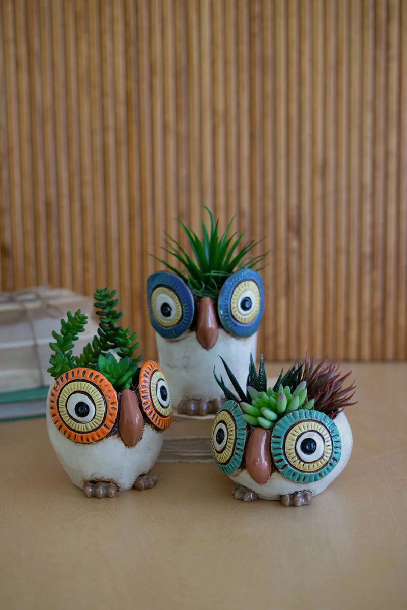 Set Of Three Ceramic Owl Planters By Kalalou