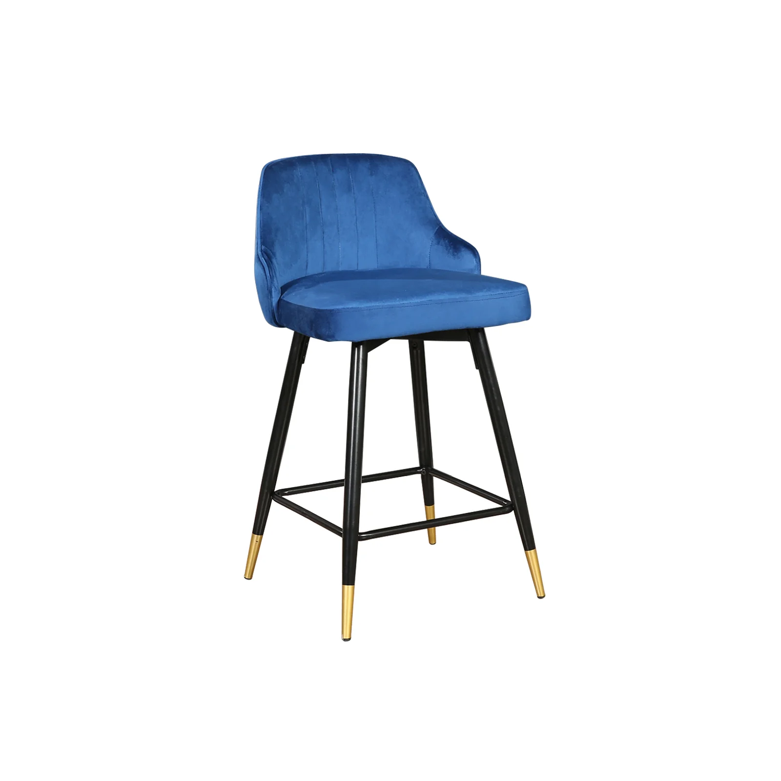 Set Of Two 36" Blue Velvet And Black And Gold Iron Swivel Bar Height Chairs By Homeroots