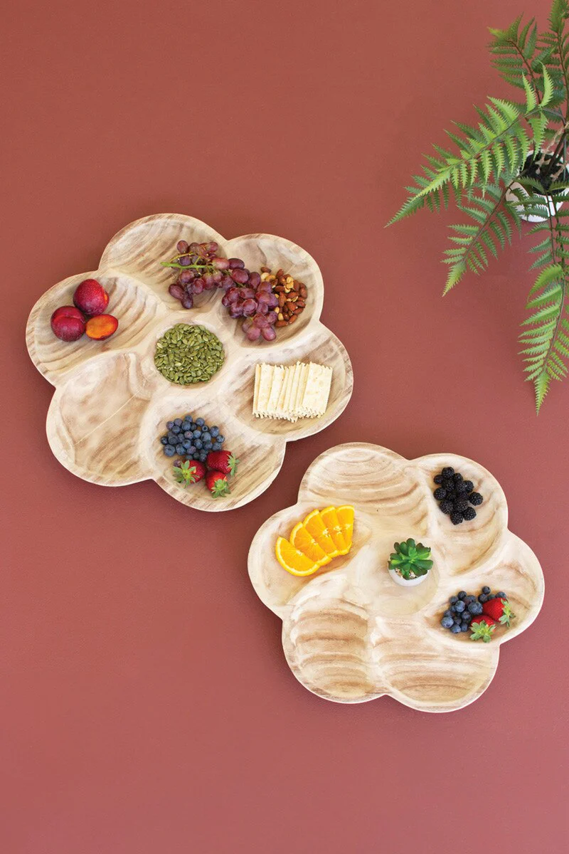 Set Of Two Carved Wood Flower Petal Platters (Min 2) By Kalalou