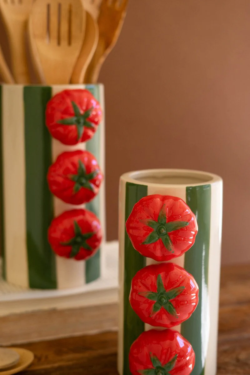Set Of Two Ceramic Green Striped Vases With Tomatoes By Kalalou - Image 2