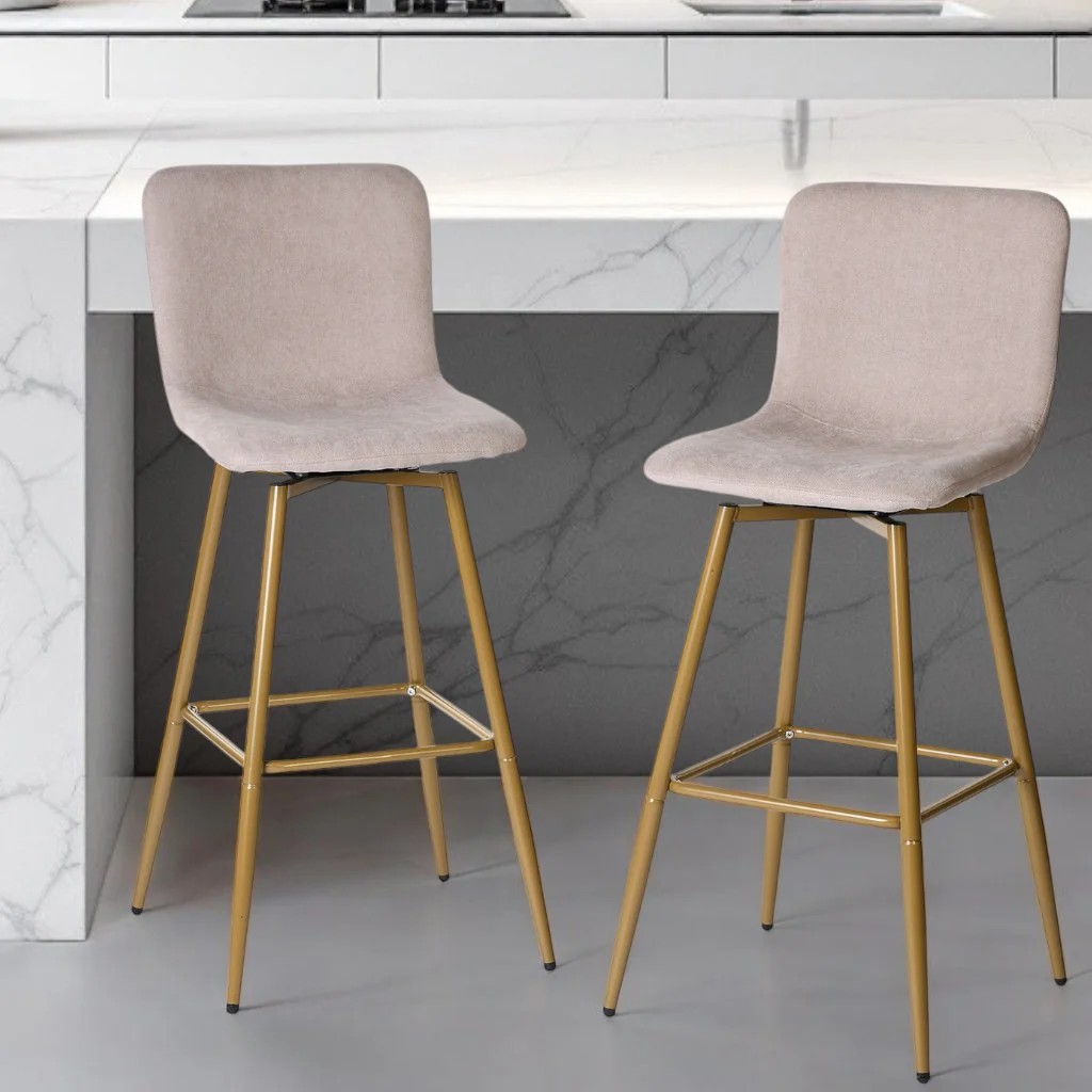 Set of Two Light Taupe and Gold Fabric and Steel Bar Height Swivel Bar Chairs By Homeroots