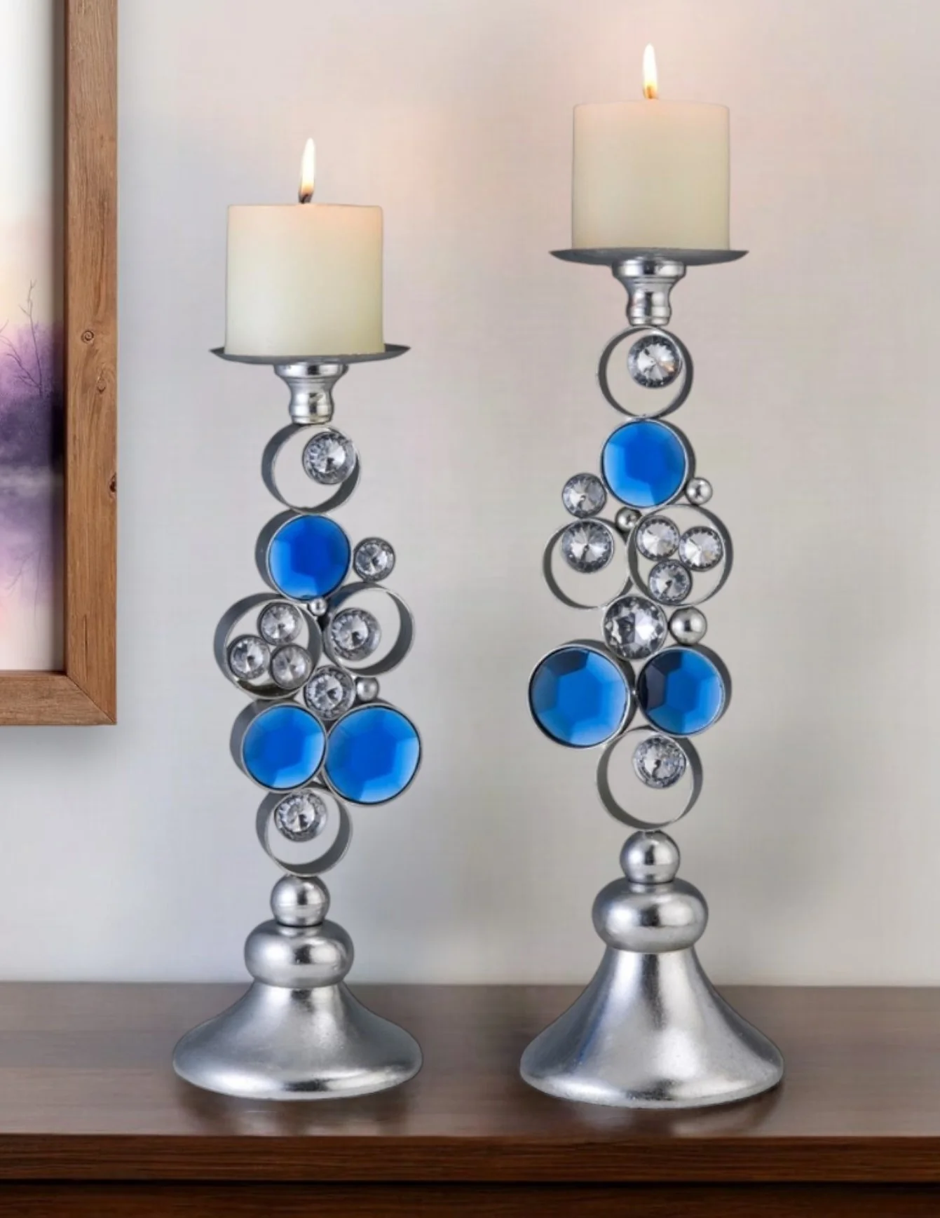 Set Of Two Silver and Blue Bling Tabletop Pillar Candle Holders By Homeroots