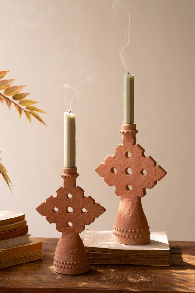 Set Of Two Terracotta Taper Candle Holders (Min 3 Sets) By Kalalou - Image 3