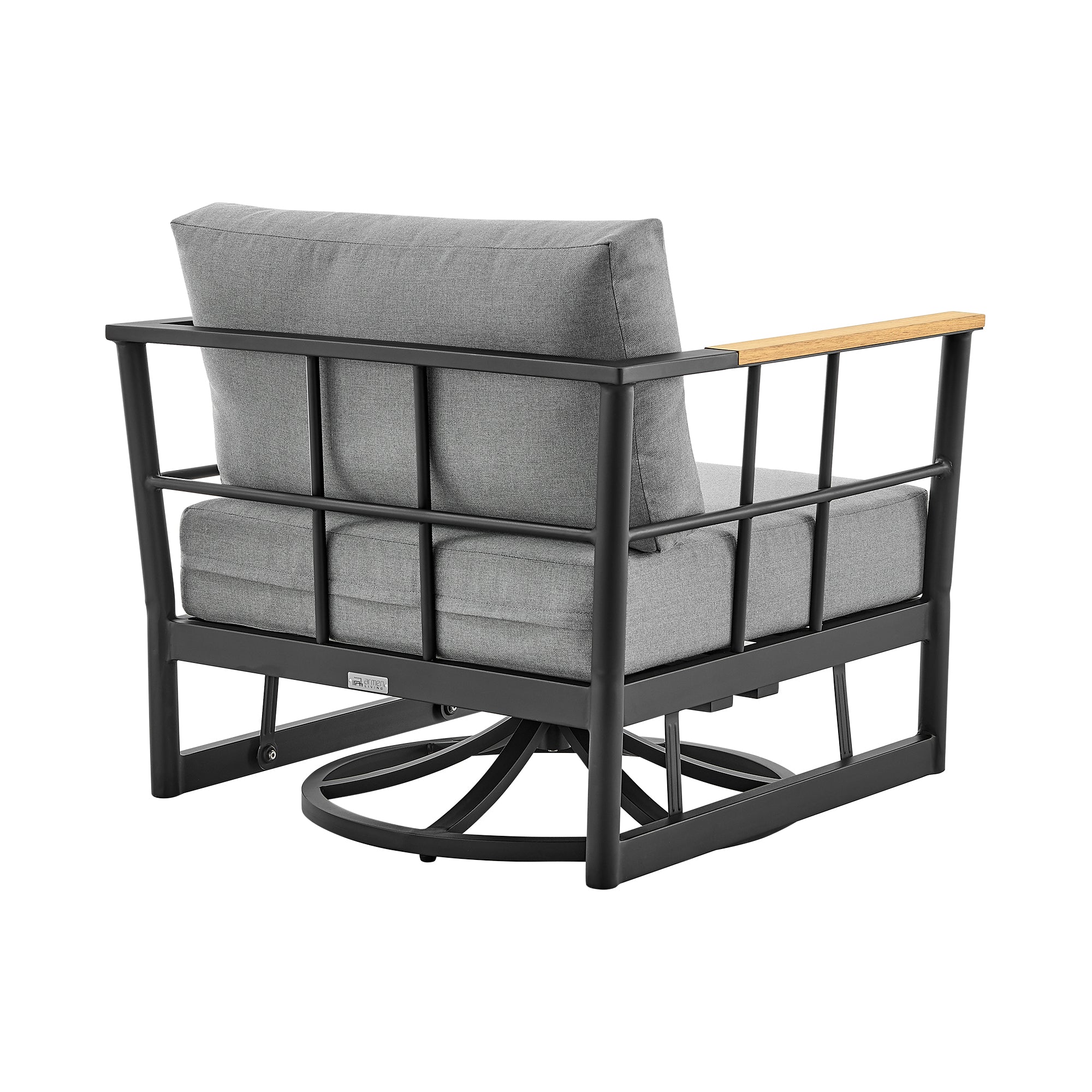 Shari Outdoor Patio Swivel Glider Lounge Chair in Black Aluminum and Teak Wood with Cushions By Armen Living - Image 5
