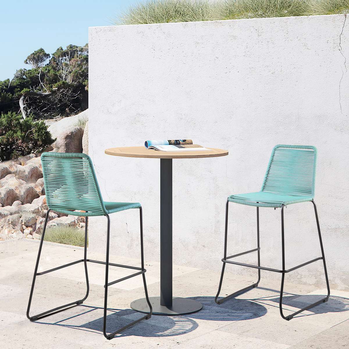 Shasta 30" Outdoor Metal and Wasabi Rope Stackable Barstool - Set of 2 By Armen Living