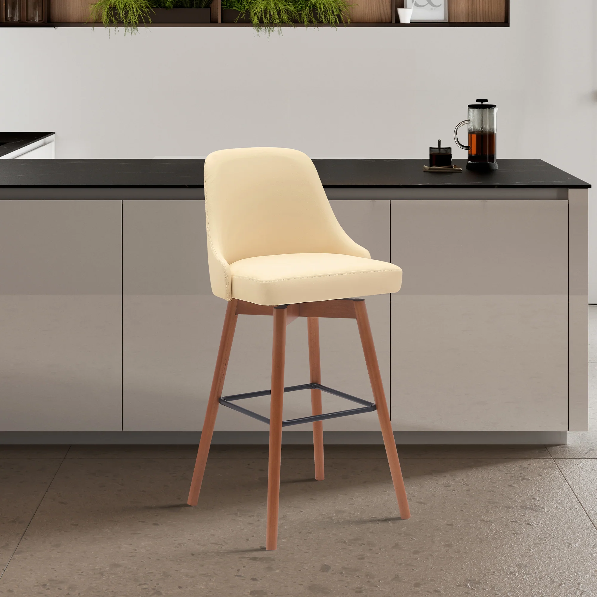 Sicily 26" Swivel Walnut Wood Counter Stool in Cream Faux Leather By Armen Living