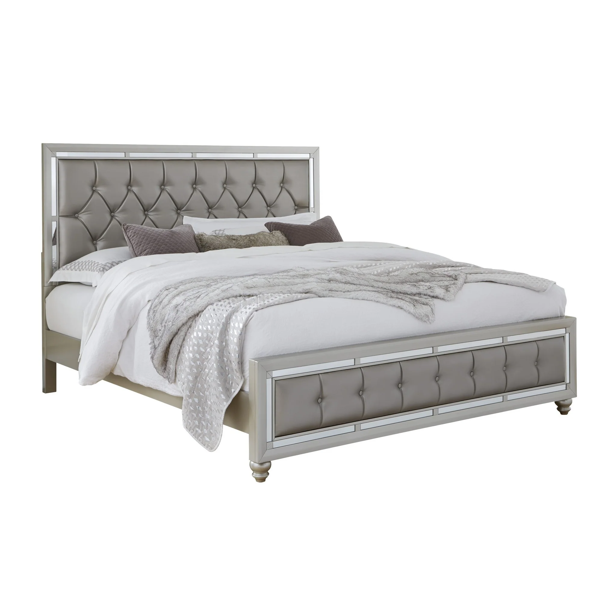 Silver Champagne Tone Queen Bed Padded Headboard Padded Footboard Mirror Trim Accents By Homeroots - Image 3
