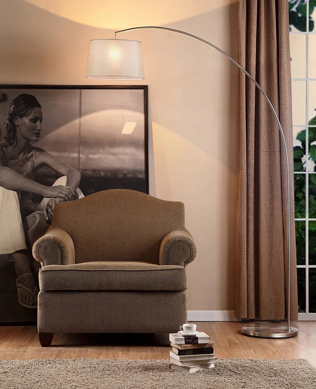 Silver Metal Arch Floor Lamp with Beige Fabric Shade By Homeroots