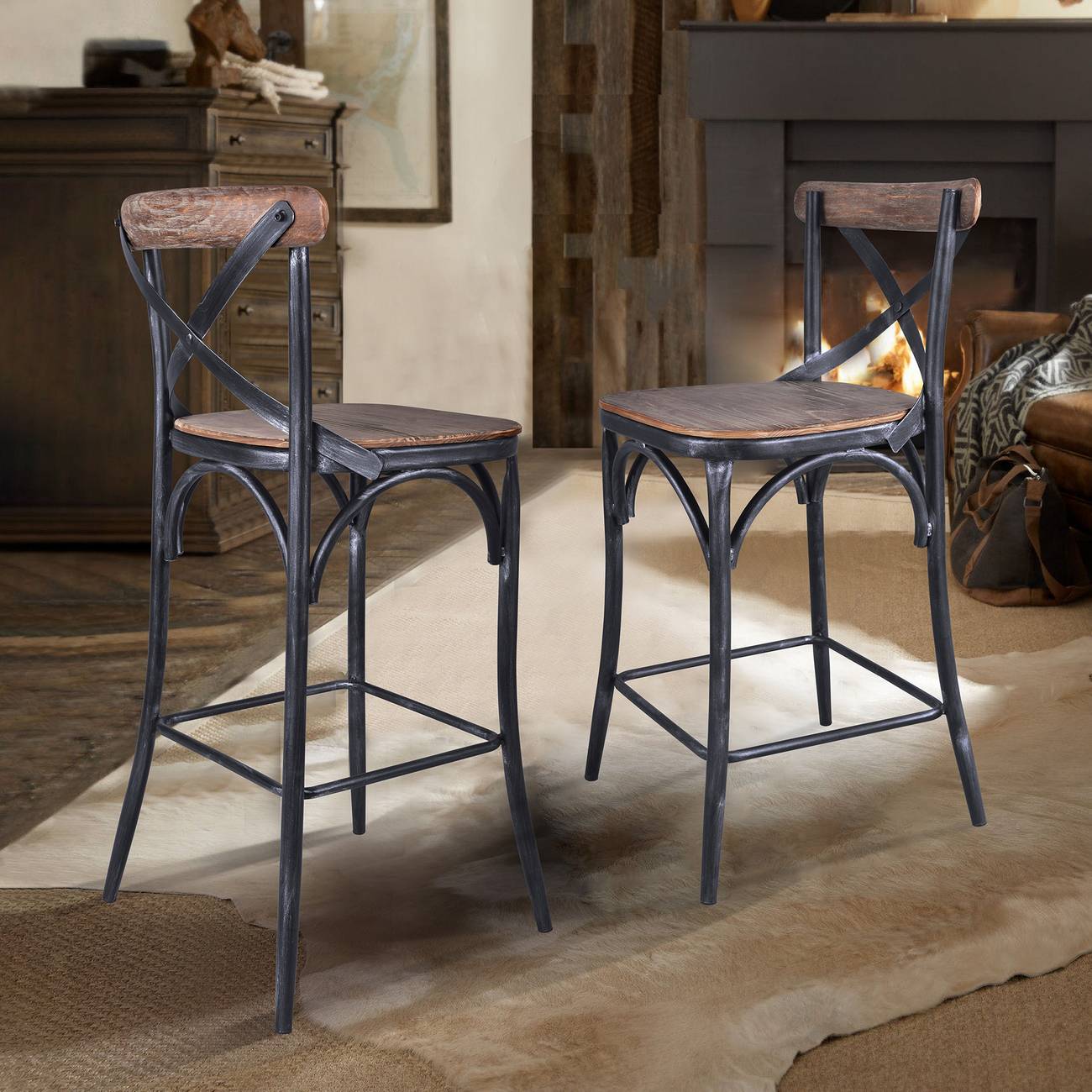 Sloan 26” Industrial Grey and Pine Wood X-Back Counter Height Counter Stool By Armen Living