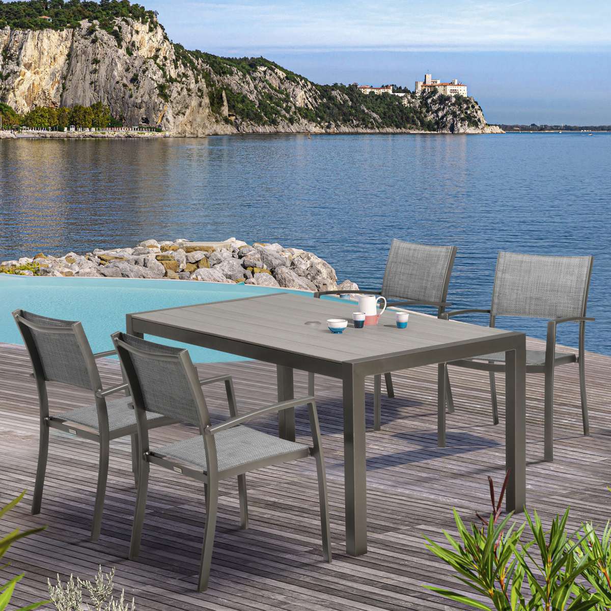 Solana 5 piece Outdoor Aluminum Dining Set in Cosmos Grey Finish with Wood Top By Armen Living