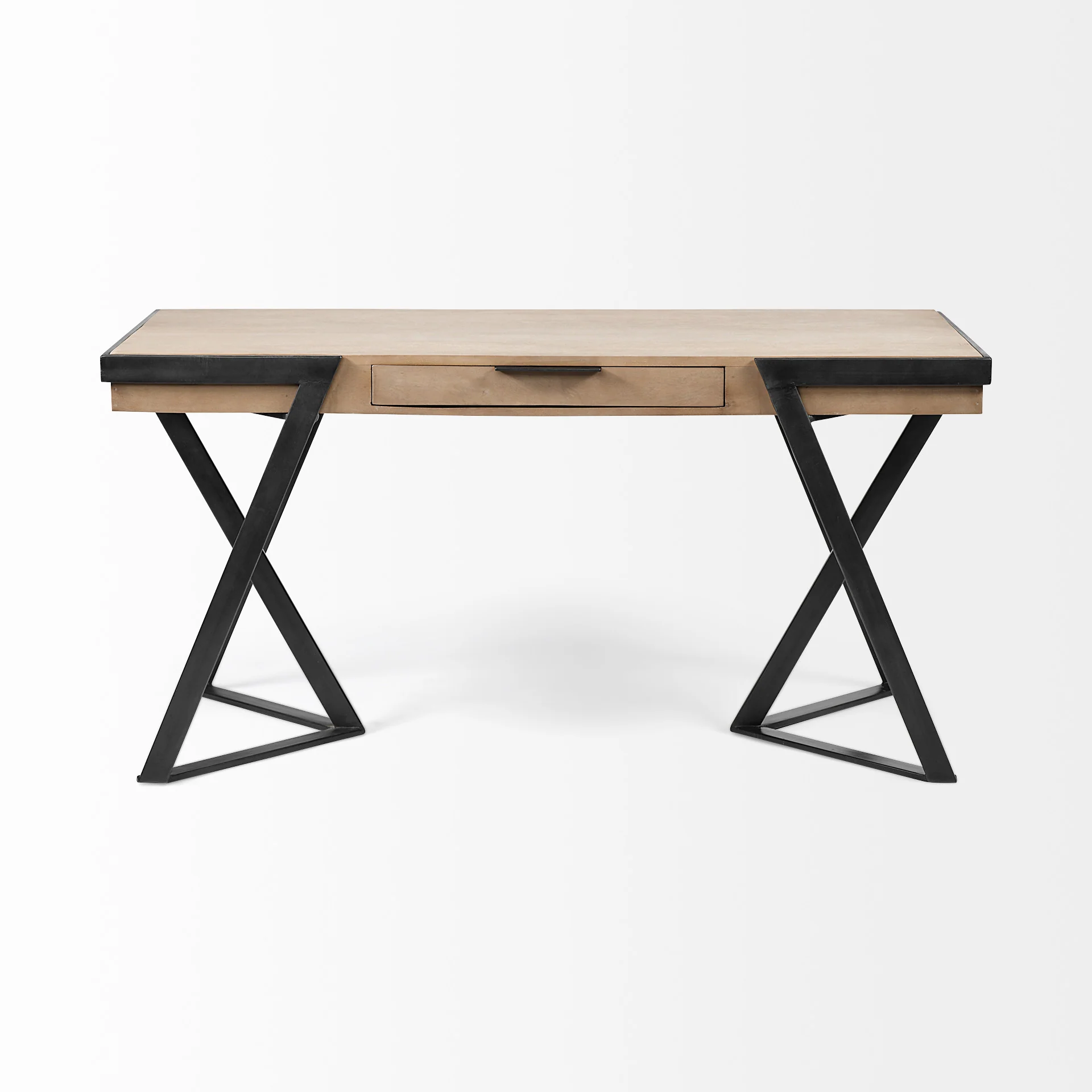 Solid Mango Wood Finish Writing Desk With Single Storage And Black Triangular Iron Legs By Homeroots