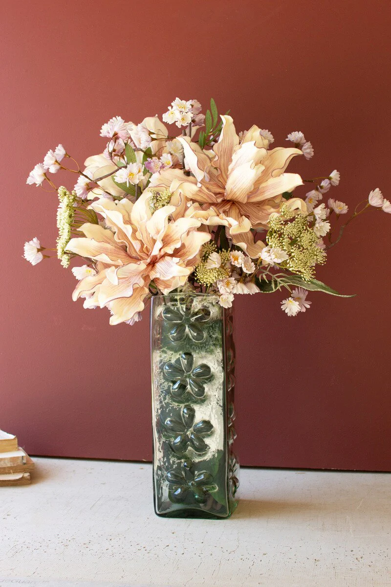 Square Glass Vase With Embossed Flowers (Min 2) By Kalalou