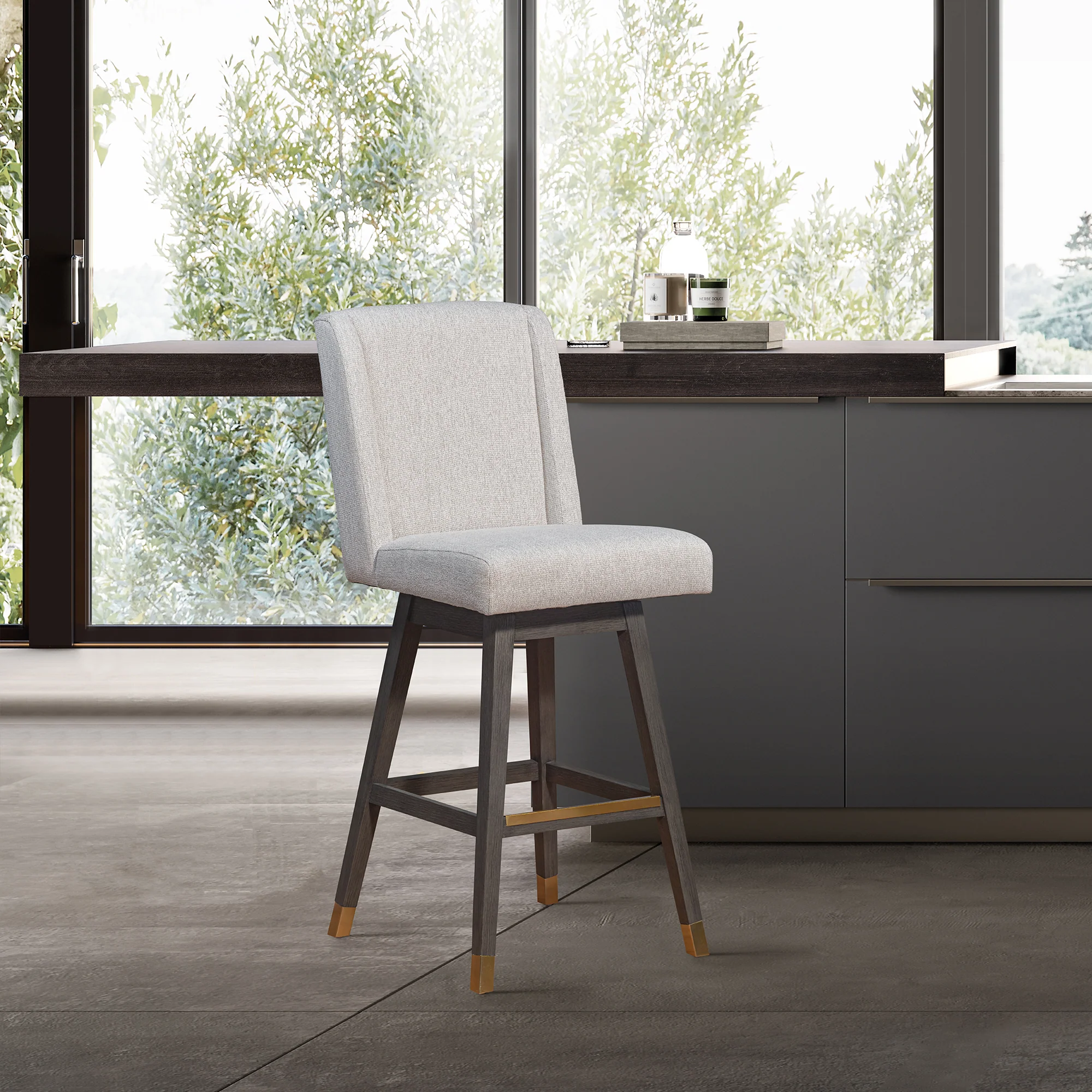 Stancoste Swivel Bar Stool in Grey Oak Wood Finish with Taupe Fabric By Armen Living