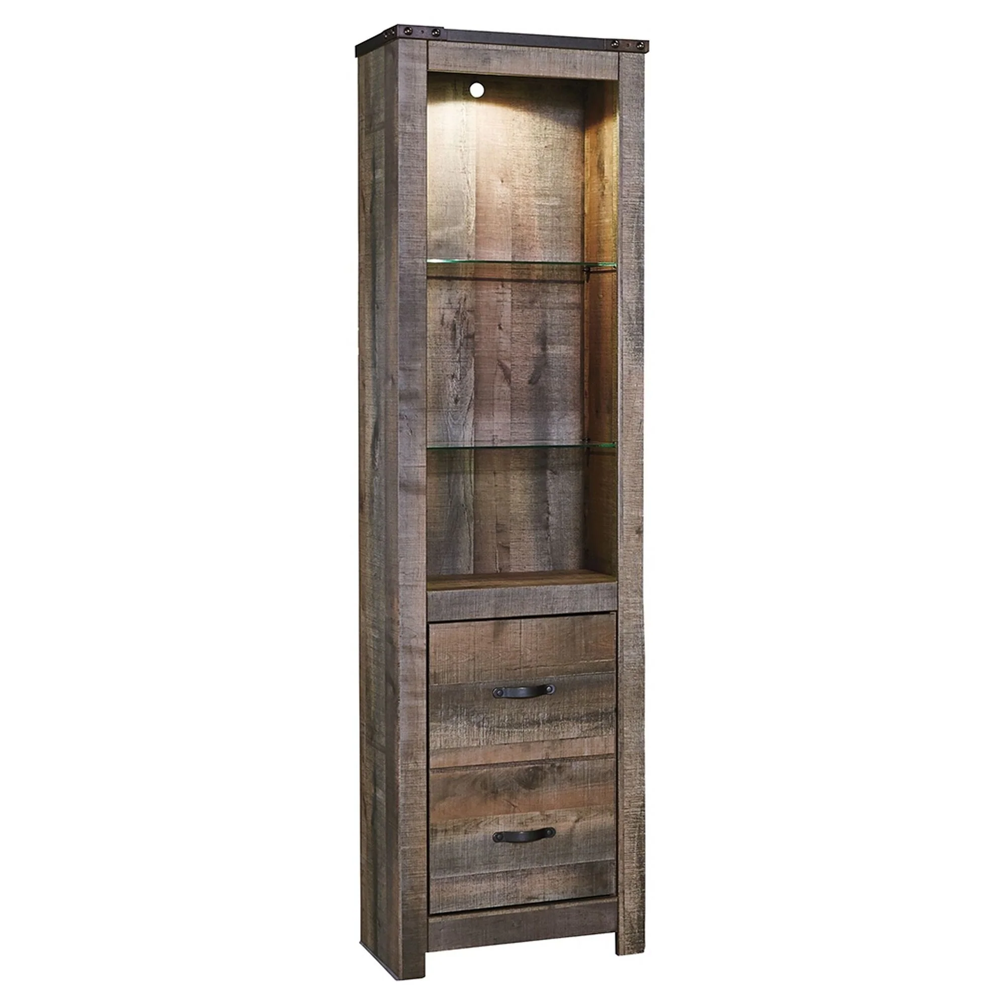 Tall Wooden Pier with 1 Door Cabinet and 2 Adjustable Glass Shelves, Brown By Benzara