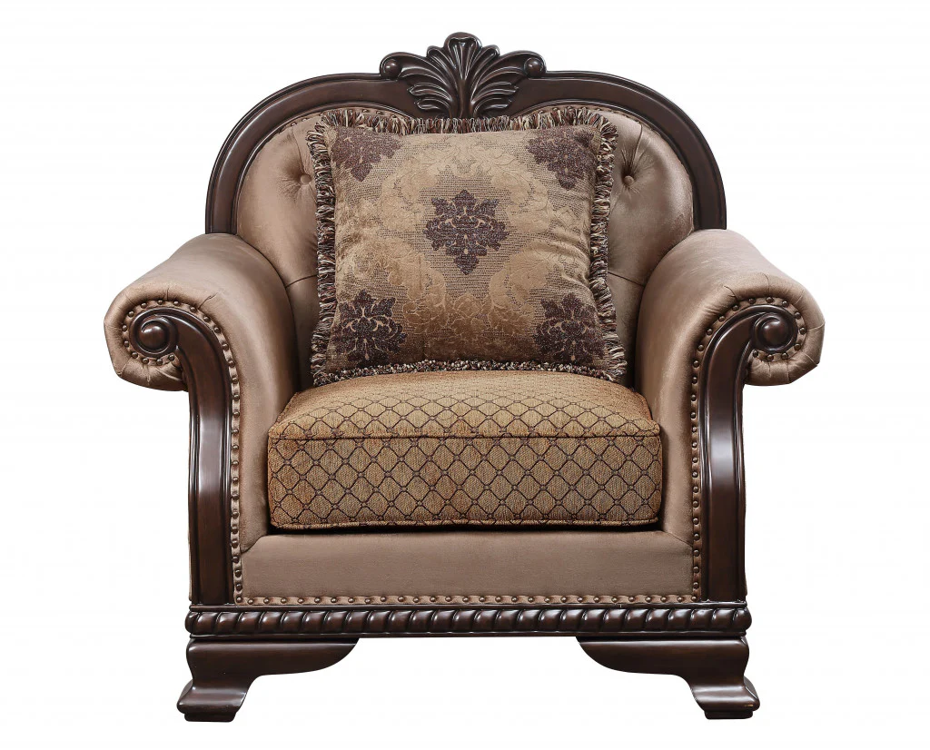 Tan and Espresso Fabric Tufted Arm Chair And Toss Pillow By Homeroots