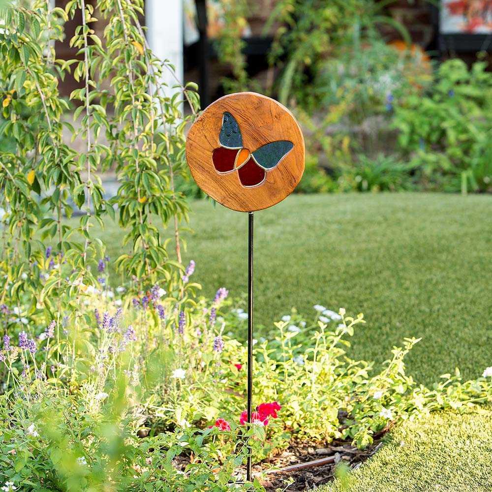 Teak Slab Stained Glass Butterfly Garden Stake Set of 4 By Garden Age Supply - Image 2