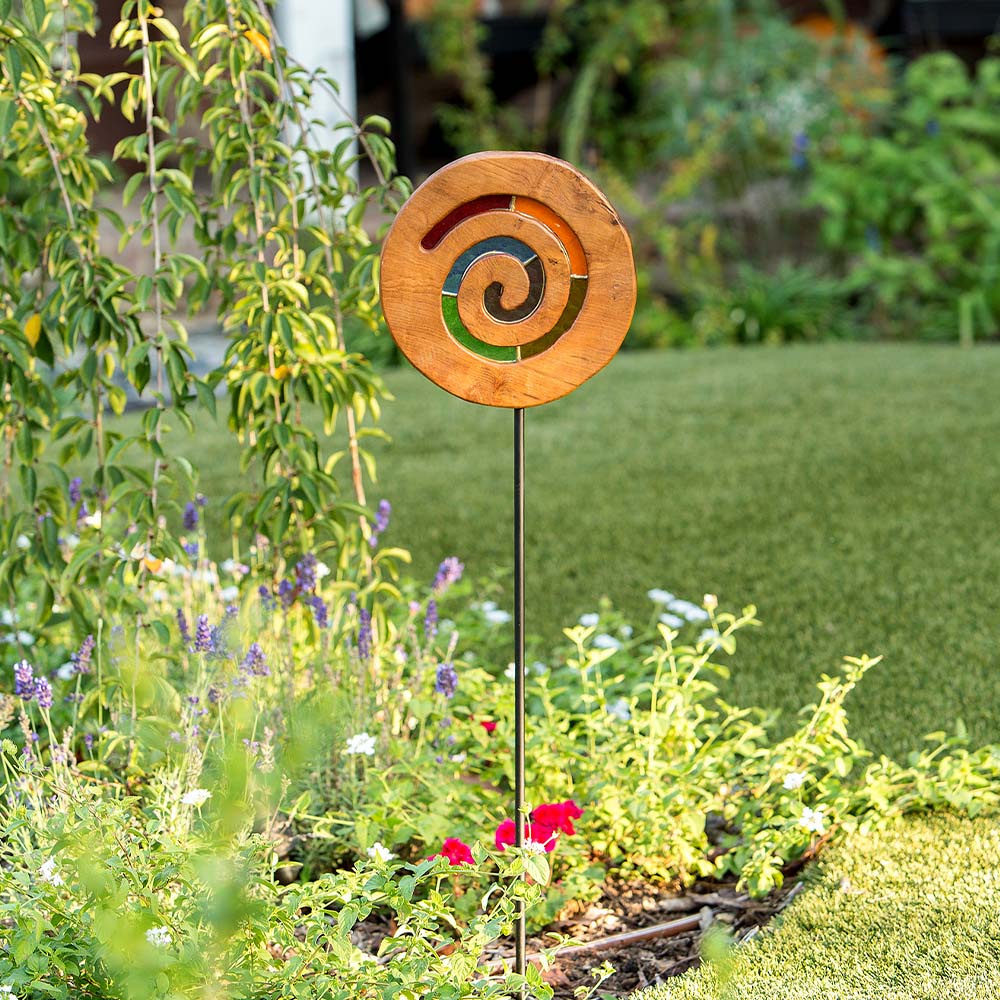 Teak Slab Stained Glass Spiral Garden Stake Set of 4 By Garden Age Supply - Image 2
