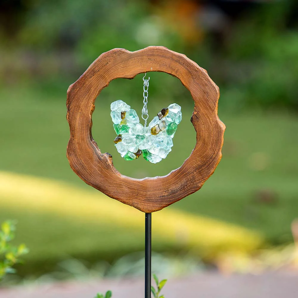 Teak Slab w/ Glass Butterfly Garden Stake Set of 4 By Garden Age Supply